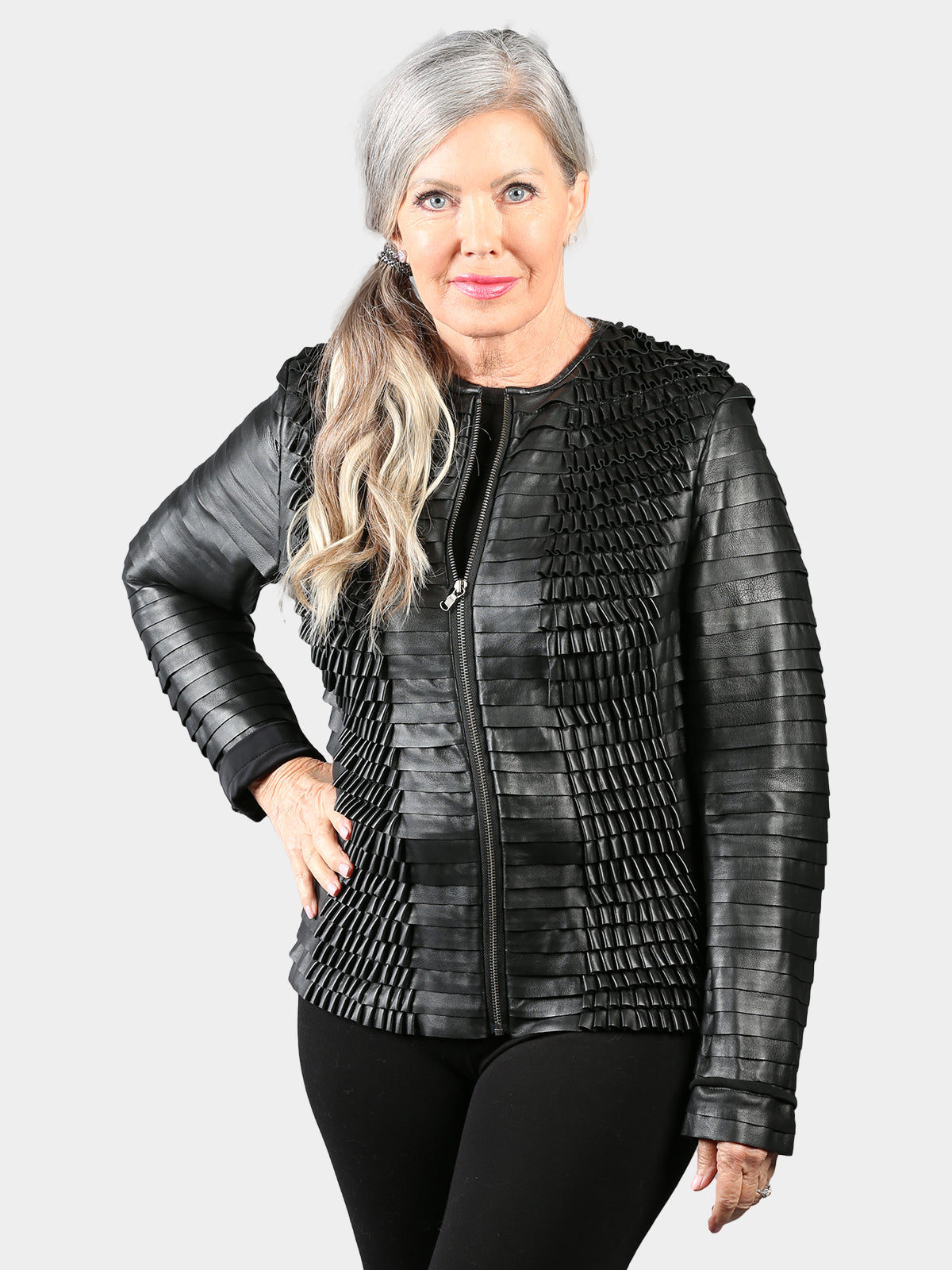 Woman's Black Ruffled Leather Jacket