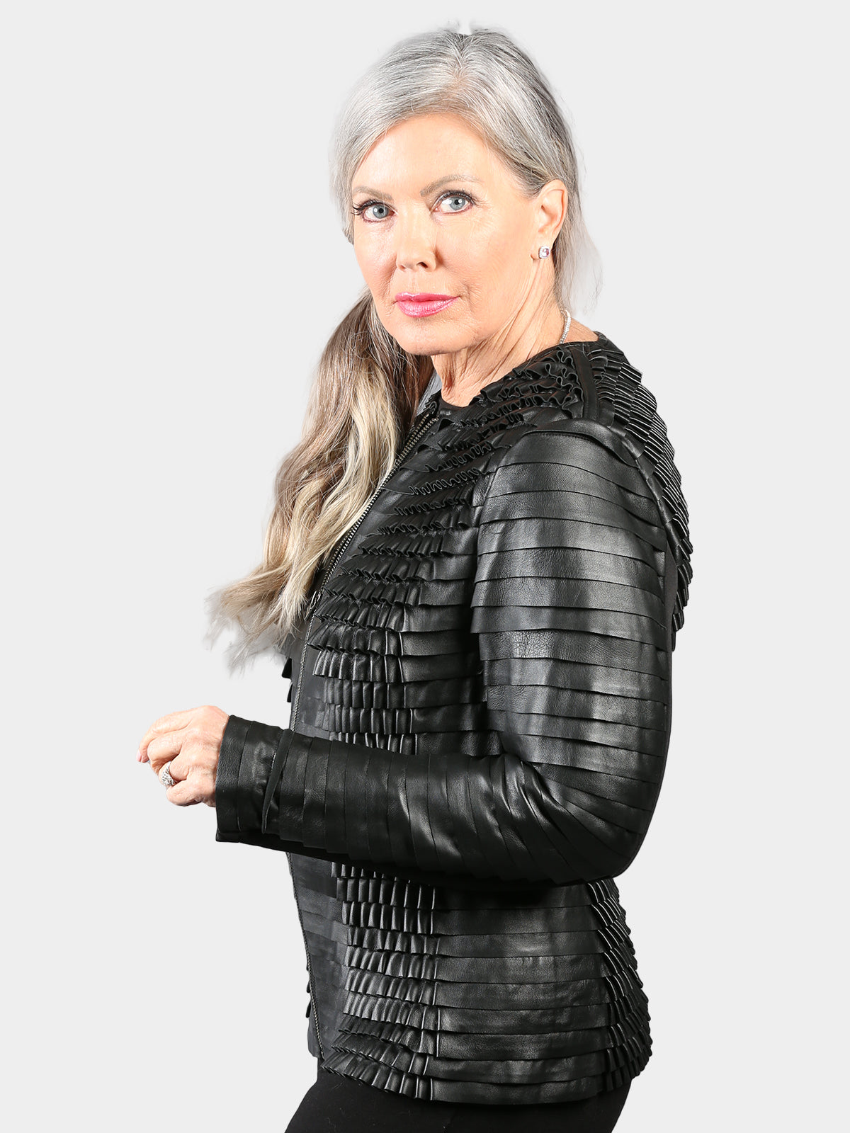 Woman's Black Ruffled Leather Jacket