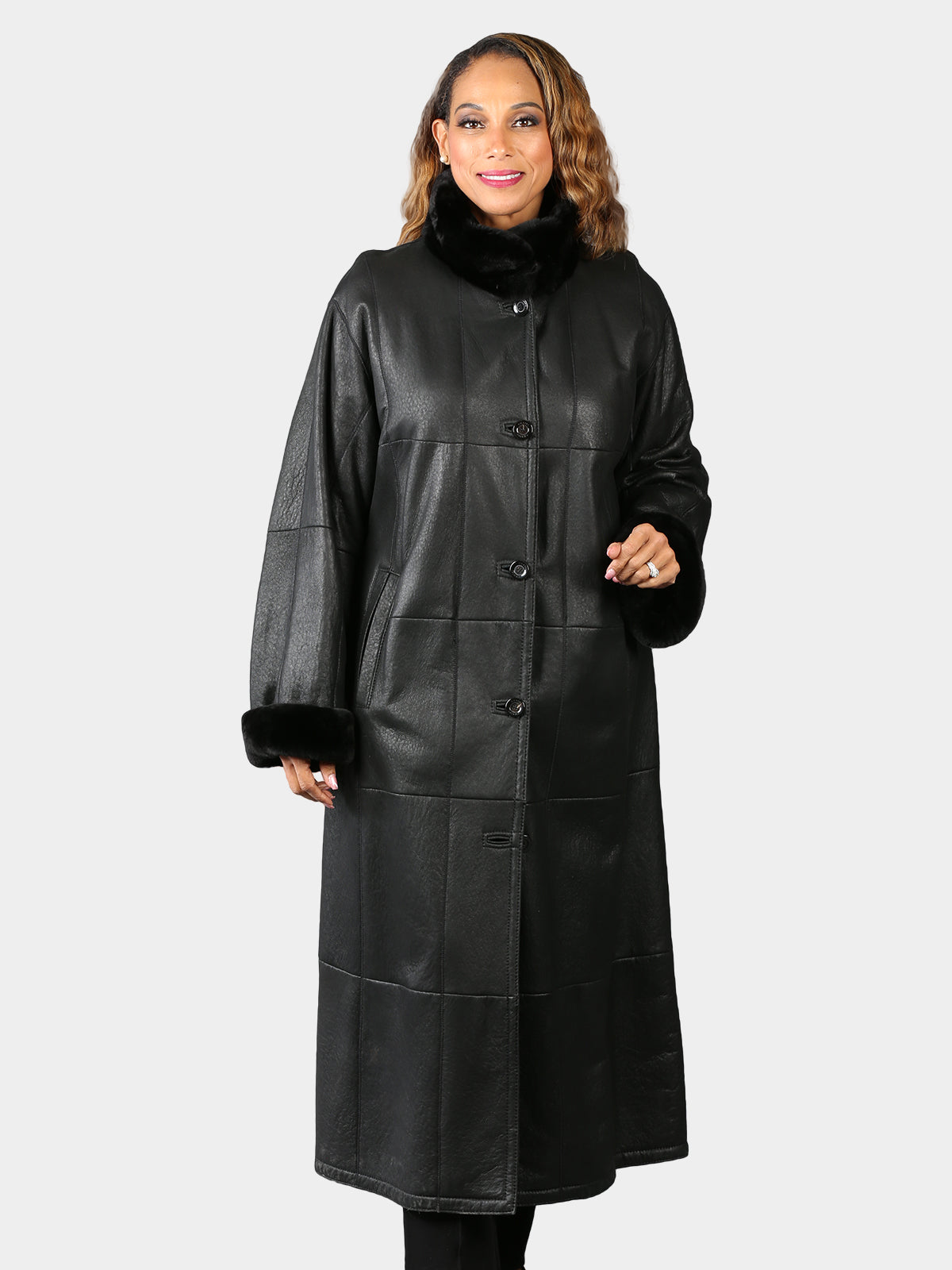 Woman's Black Christ Shearling Coat with Sheared Nutria Collar and Cuffs