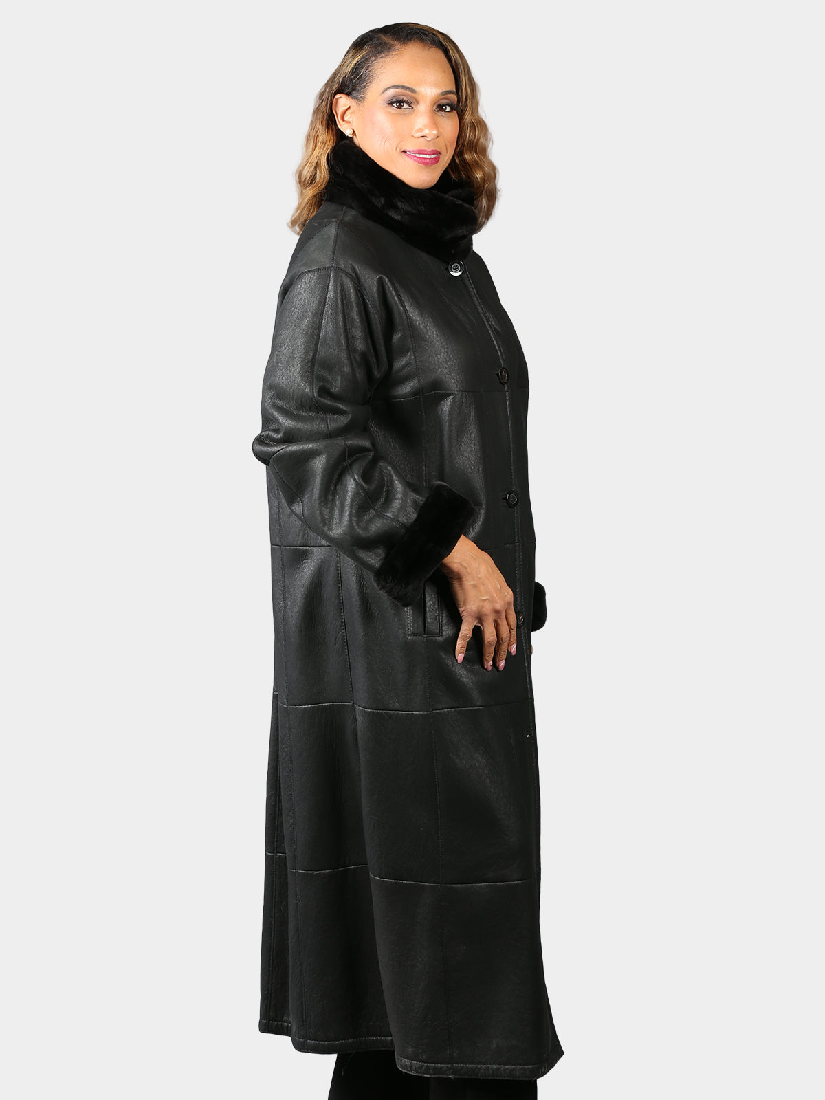 Woman's Black Christ Shearling Coat with Sheared Nutria Collar and Cuffs