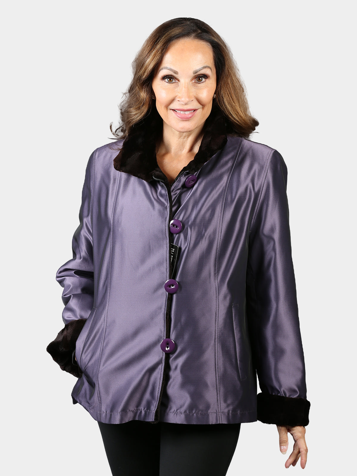 Woman's Black Diamond Cut Sheared Mink Fur Jacket Reversible to Purple Shimmer Taffeta