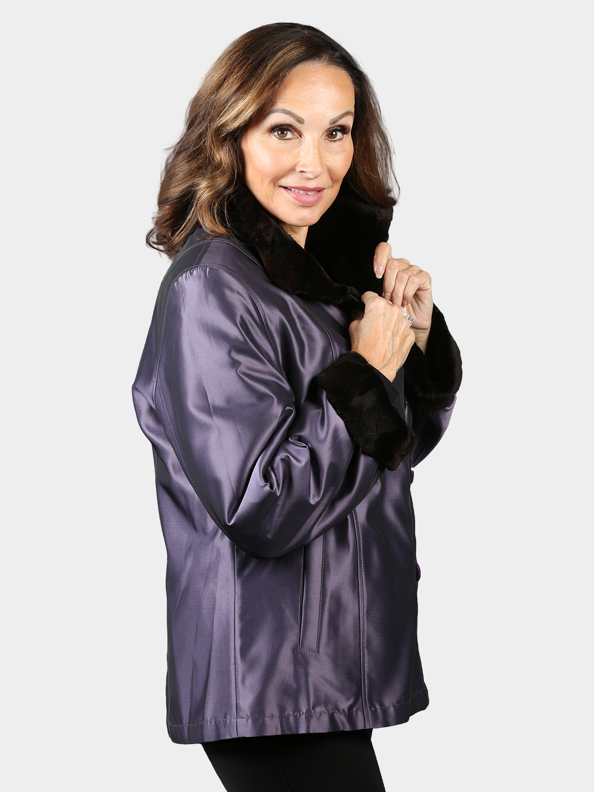 Woman's Black Diamond Cut Sheared Mink Fur Jacket Reversible to Purple Shimmer Taffeta