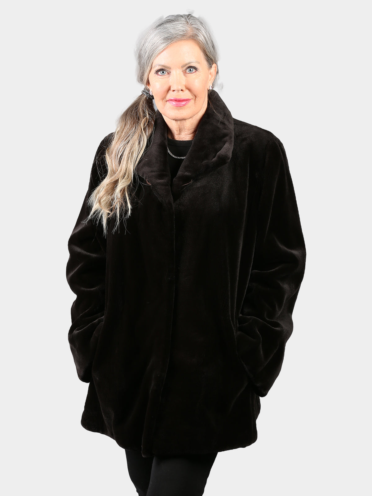 Woman's Brown Sheared Mink Fur Jacket Reversible to Brown Shimmer Taffeta