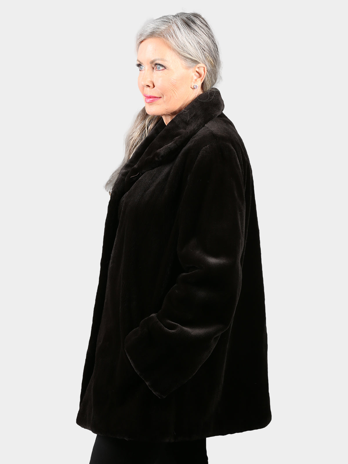 Woman's Brown Sheared Mink Fur Jacket Reversible to Brown Shimmer Taffeta