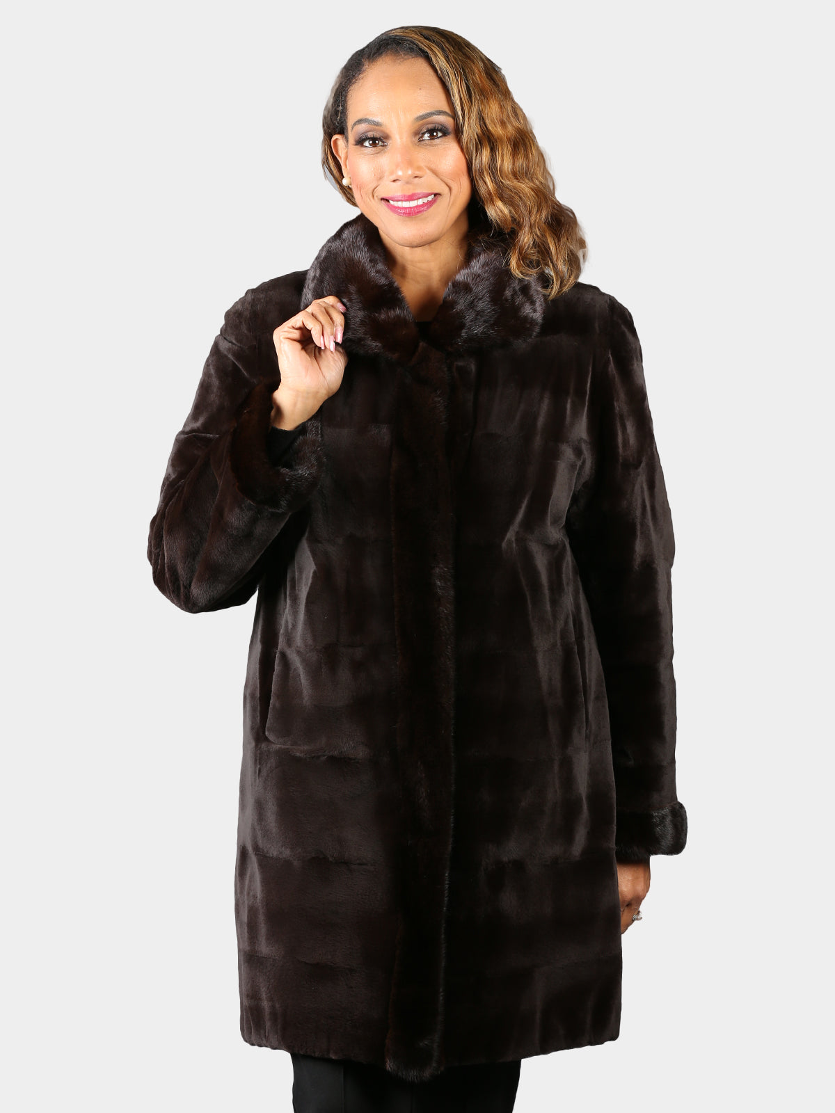 Woman's Brown Sheared Mink Fur Stroller Reversible to Brown Rain Taffe