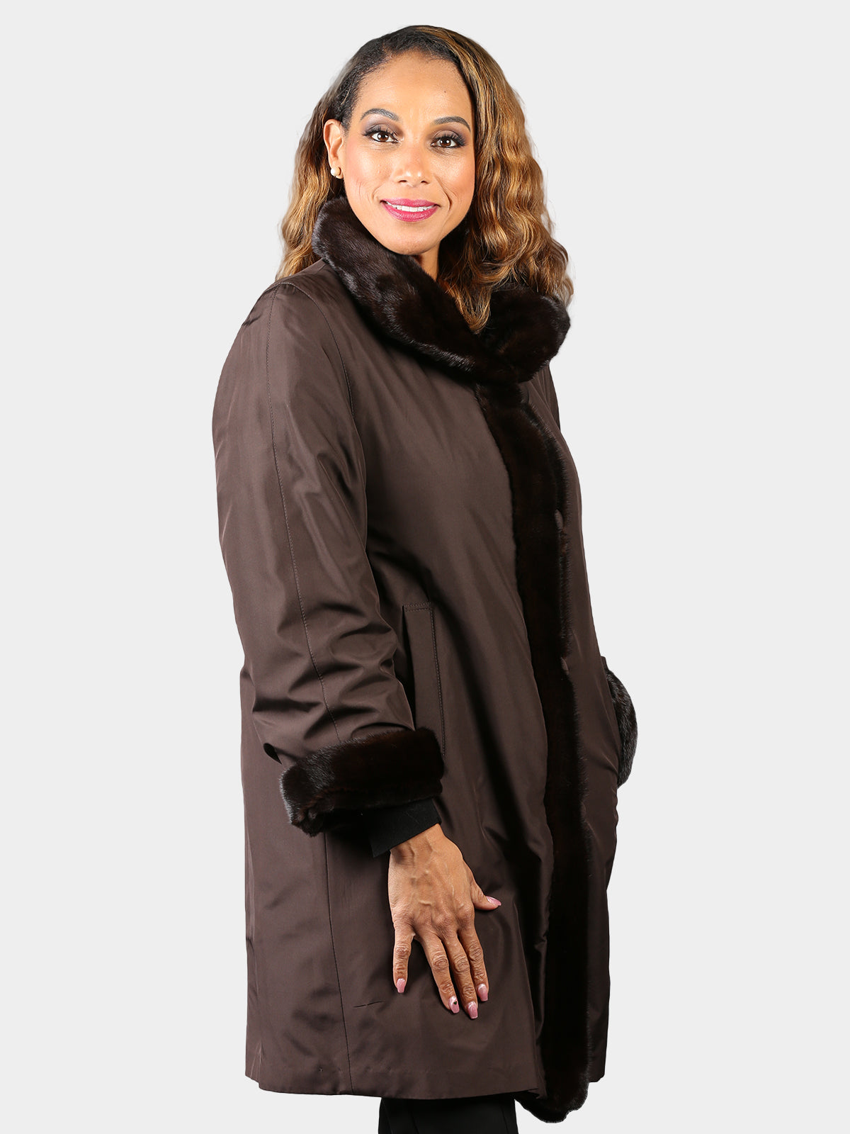 Woman's Brown Sheared Mink Fur Stroller Reversible to Brown Rain Taffeta