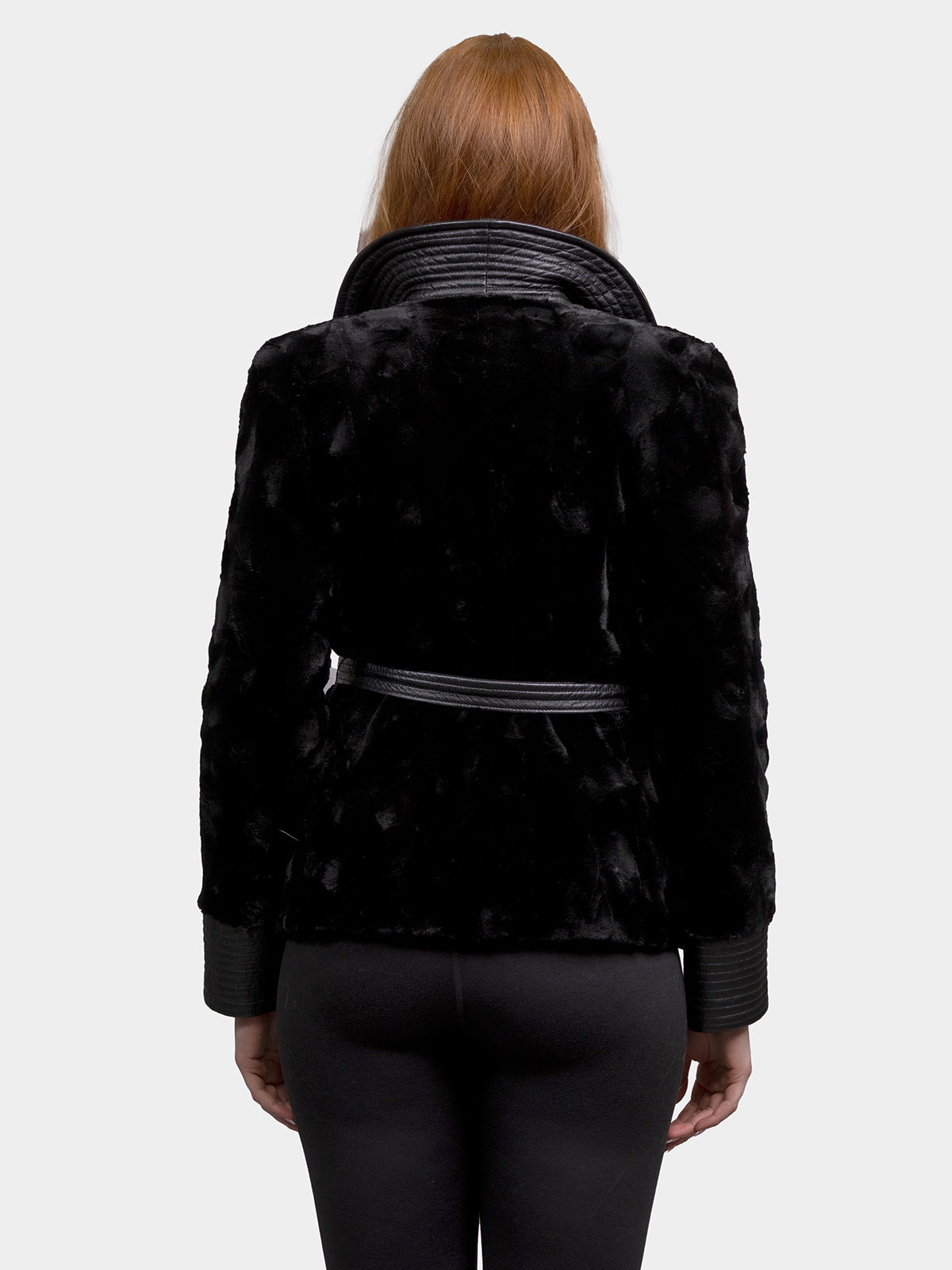 Women's Black Sculptured Sheared Mink Jacket with Leather Trim