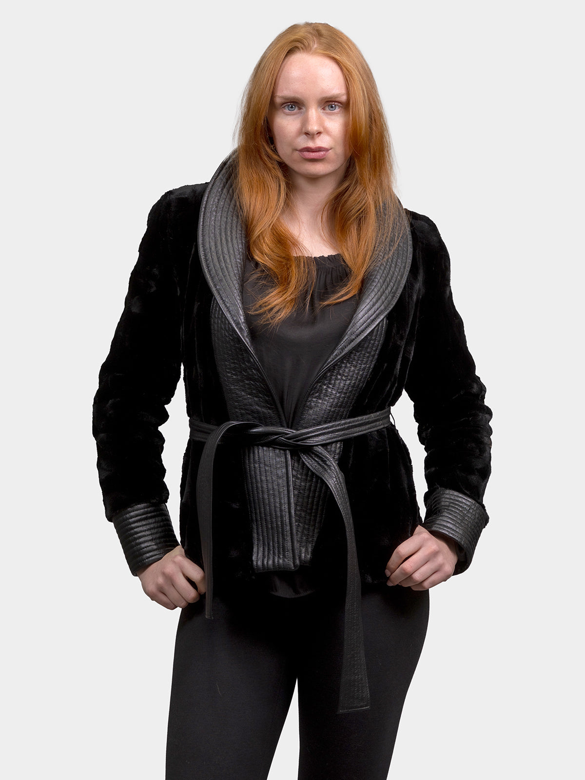 Women's Black Sculptured Sheared Mink Jacket with Leather Trim