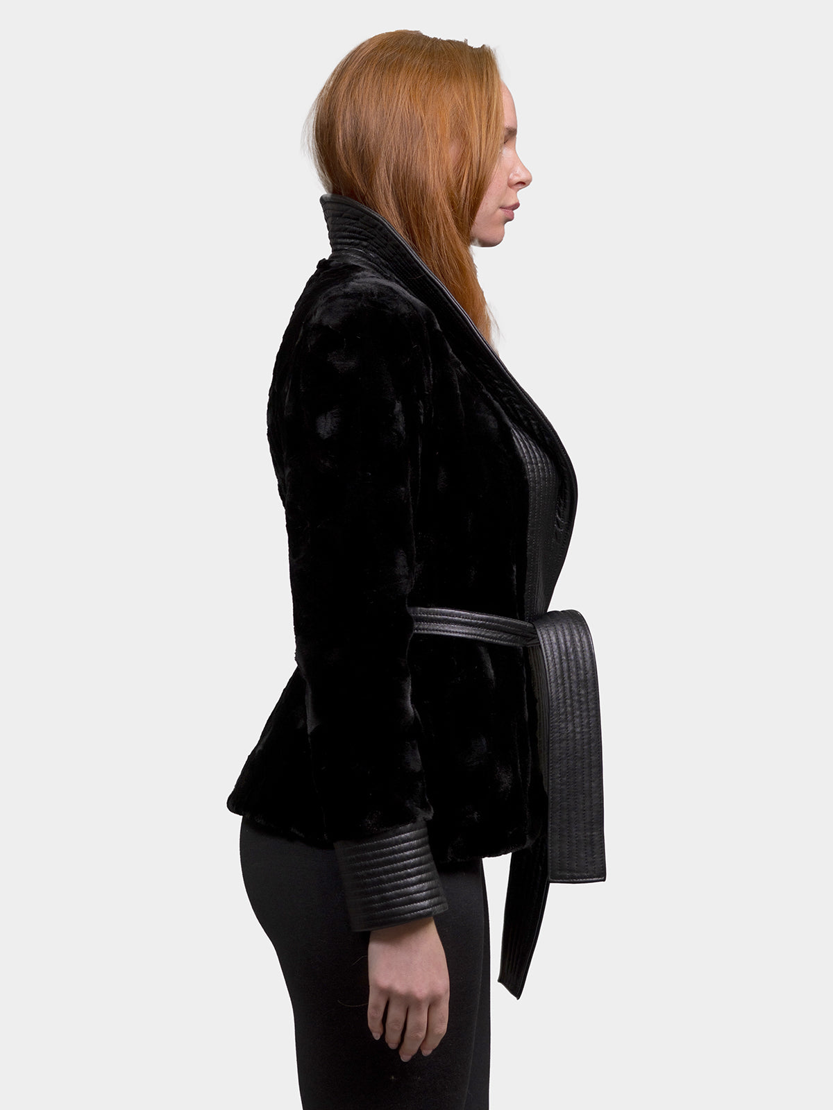 Women's Black Sculptured Sheared Mink Jacket with Leather Trim