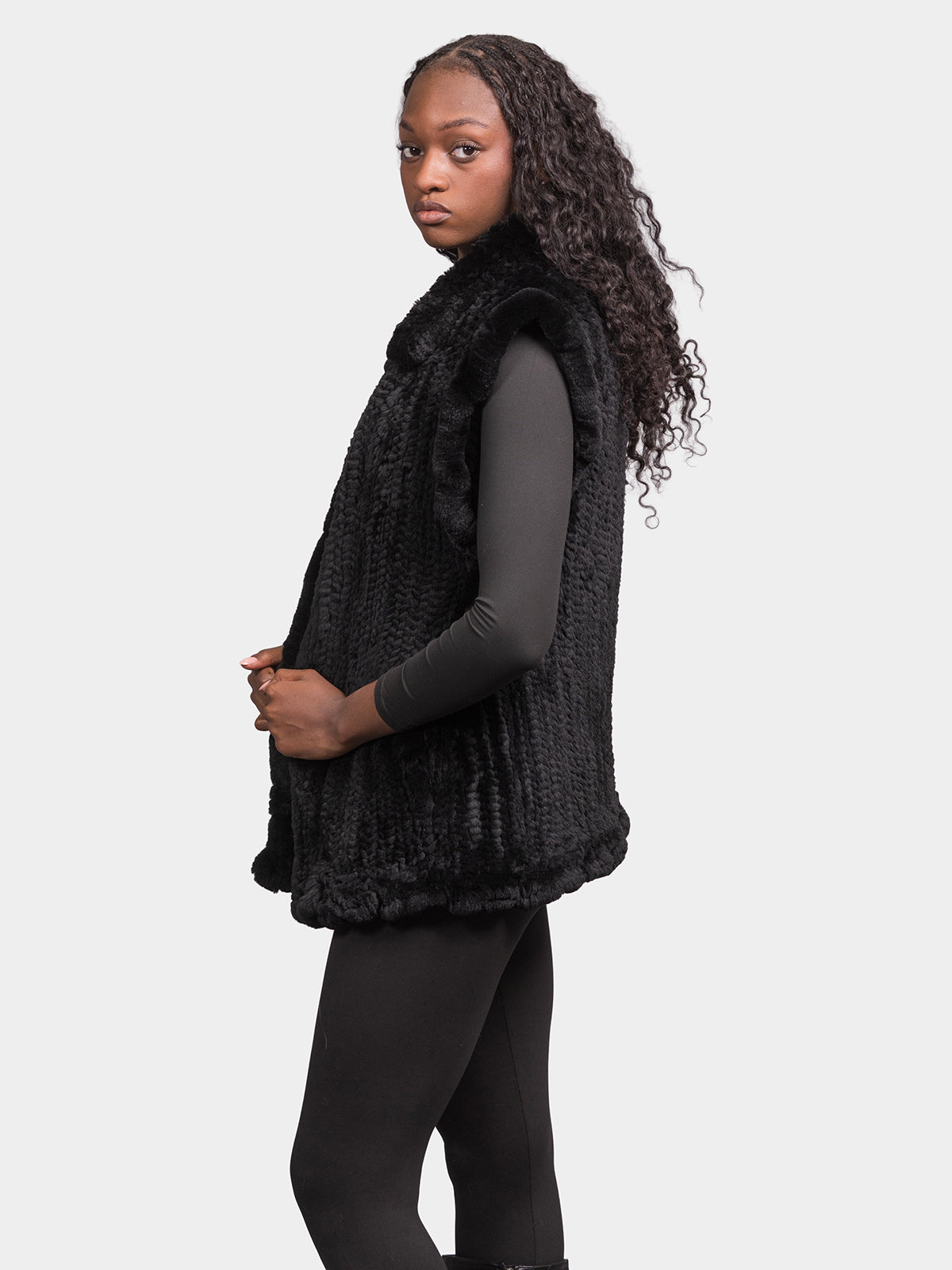 Women's Black Tricot Rex Rabbit Vest