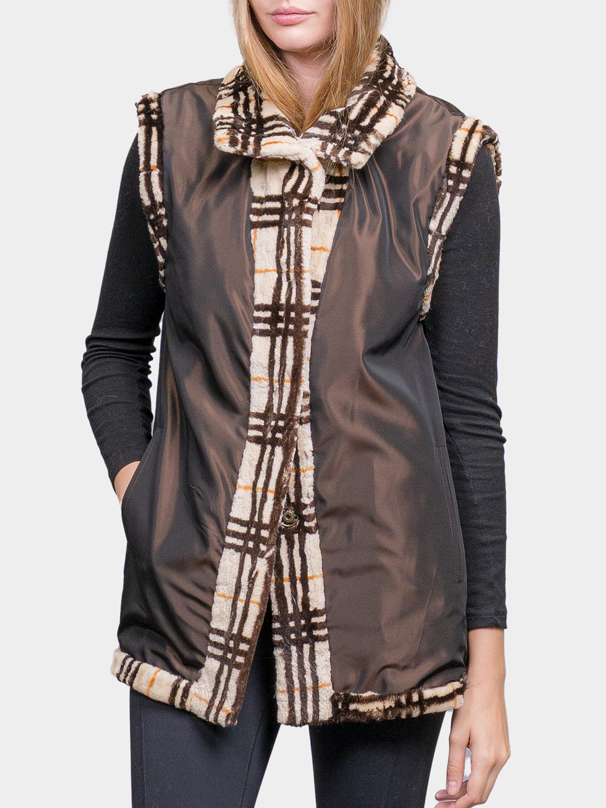 Women's Black & Rust Plaid Beaver Vest