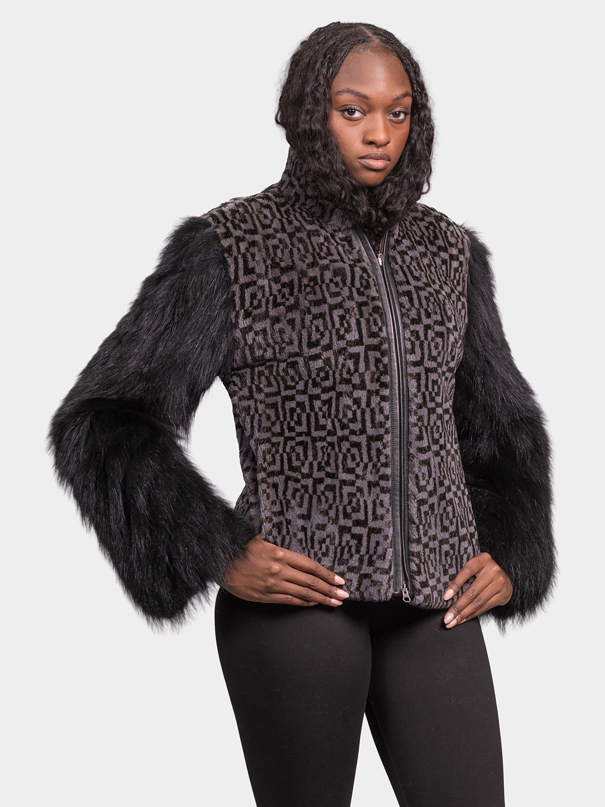 Women's Black Labyrinth Print Sheared Beaver Jacket