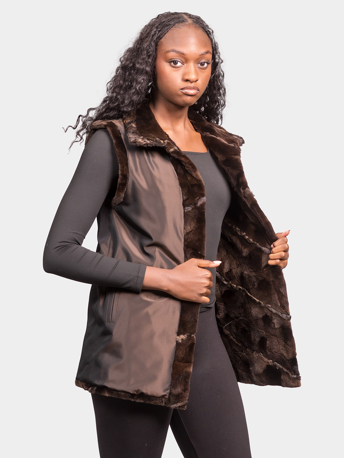 Women's Mahogany Sculptured Sheared Mink Vest