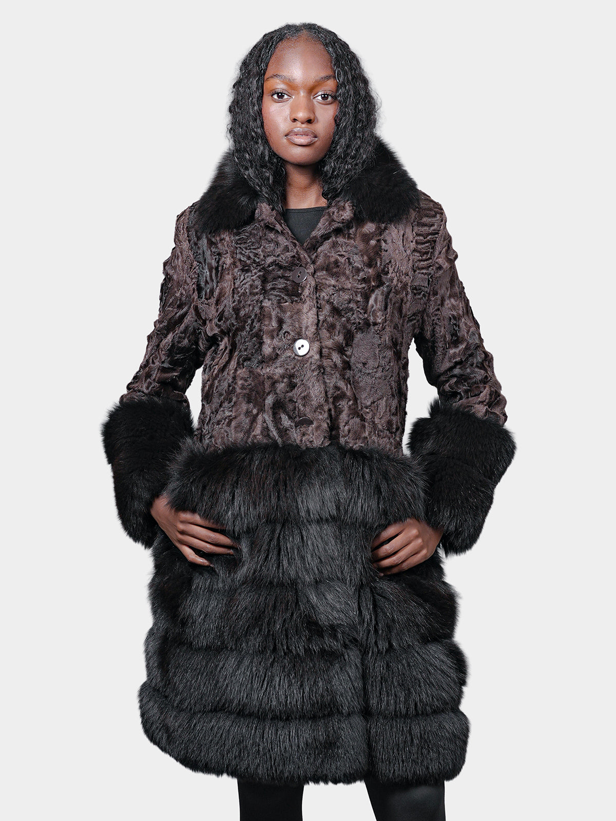 Women's Brown Sculptured Karakul With Brown Dyed Fox