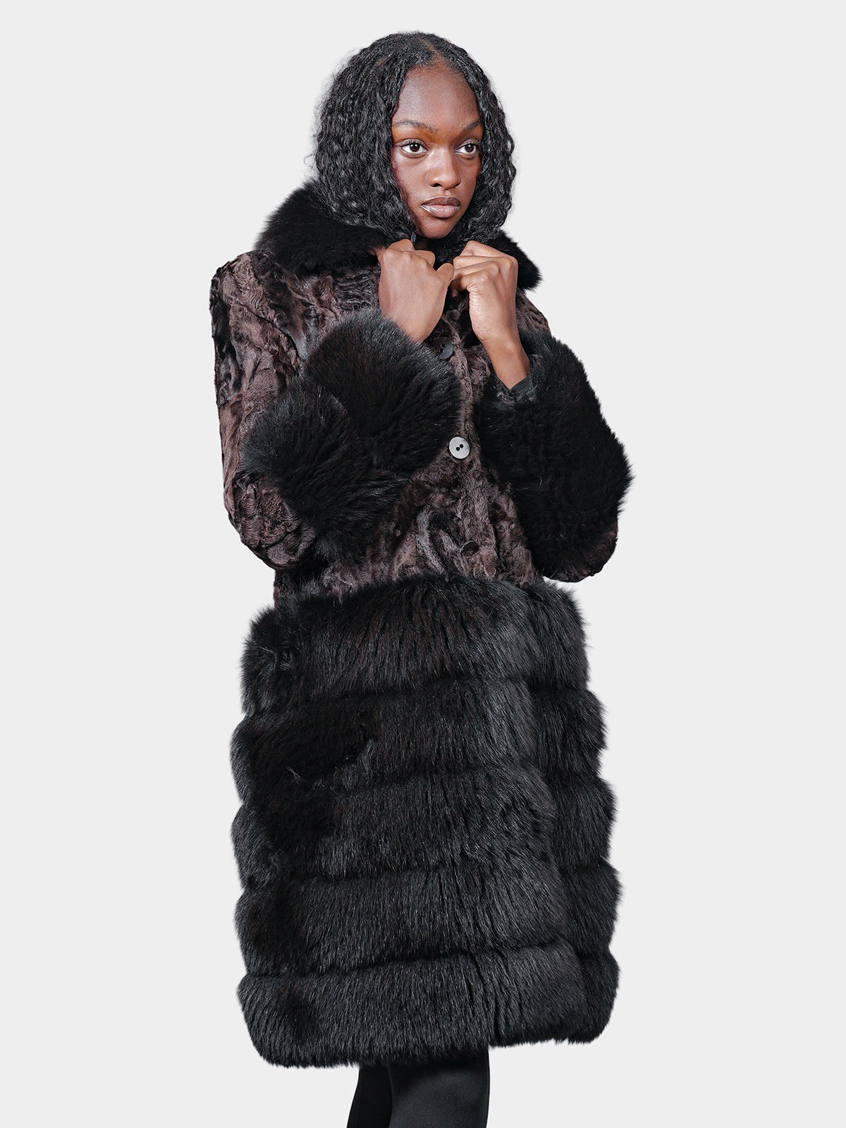 Women's Brown Sculptured Karakul With Brown Dyed Fox