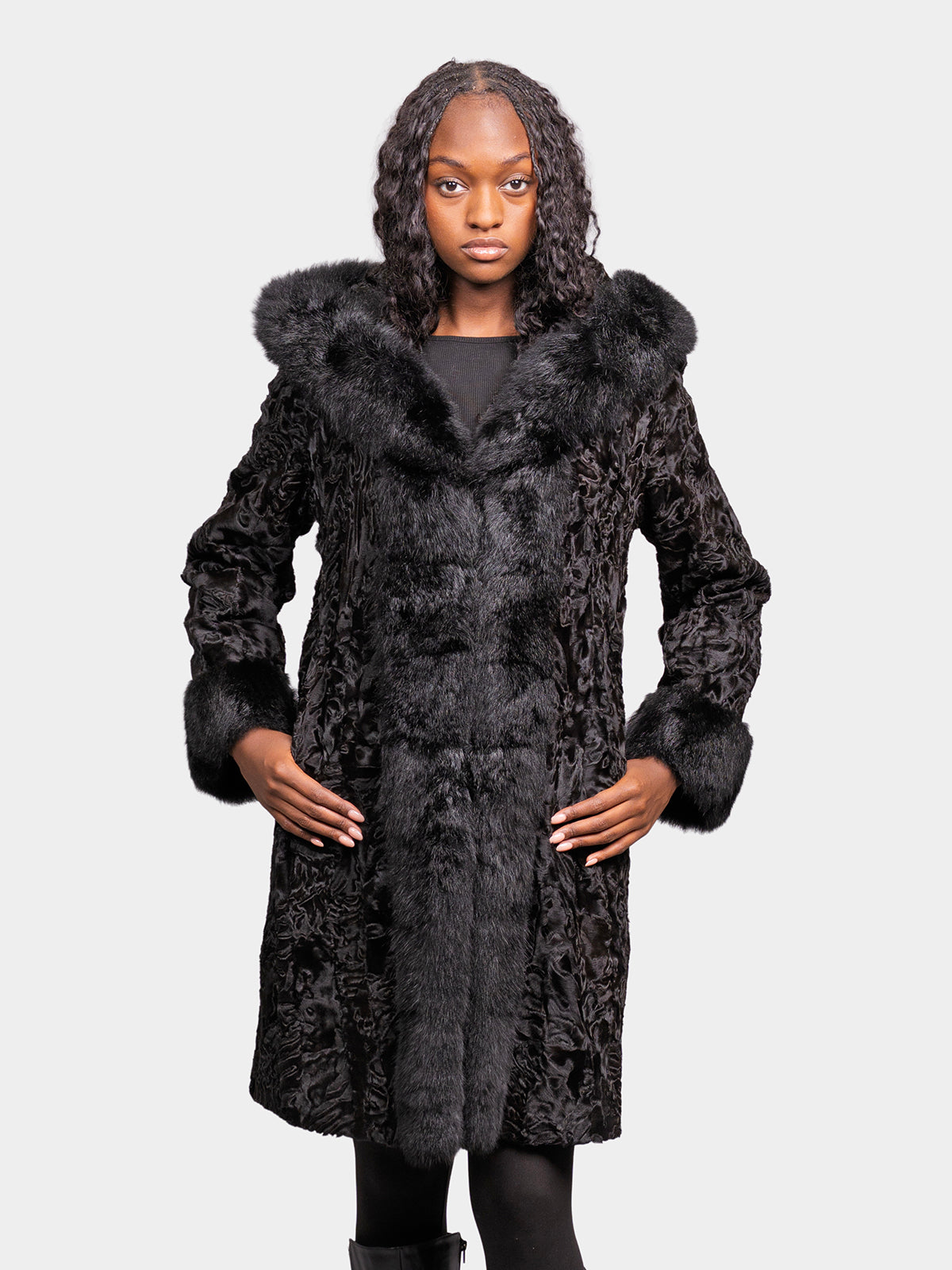 Women's Black Sculptured Persian Lamb Parka