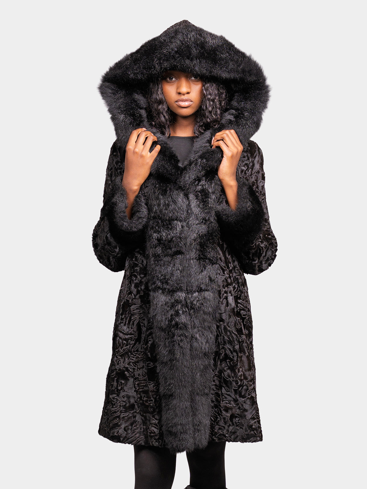 Women's Black Sculptured Persian Lamb Parka