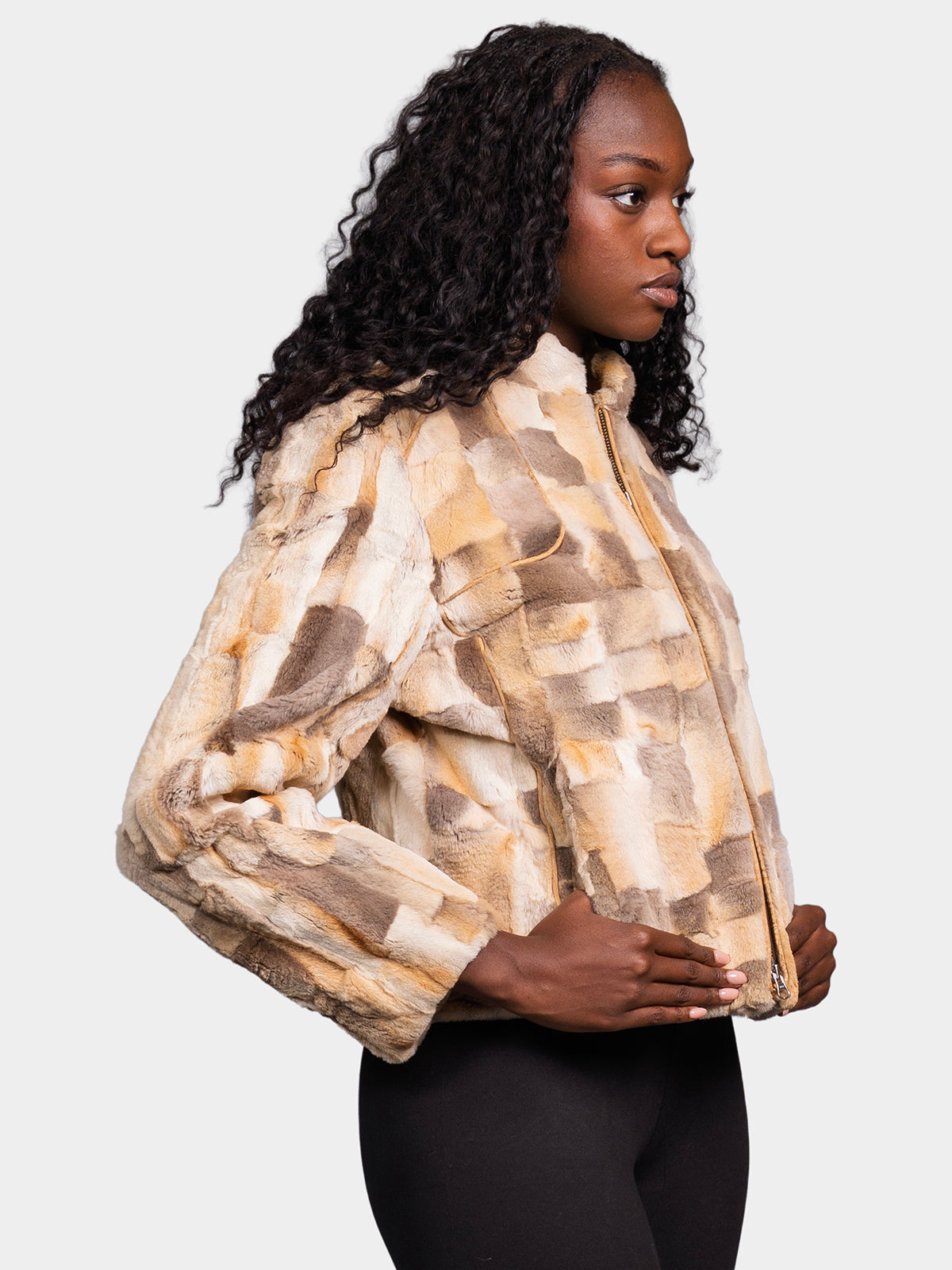 Women's Beige Sheared Coyote Pieces Jacket