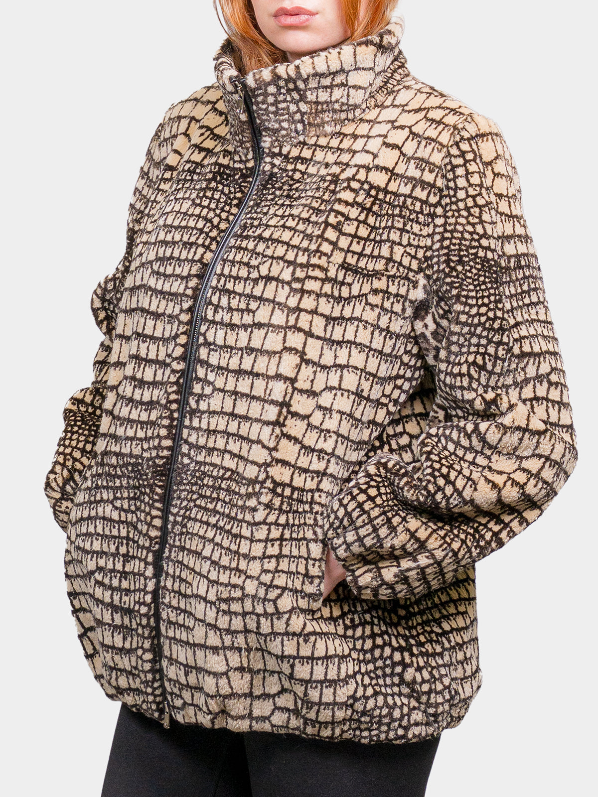 Women's Camel Animal Print Sheared Beaver Bomber