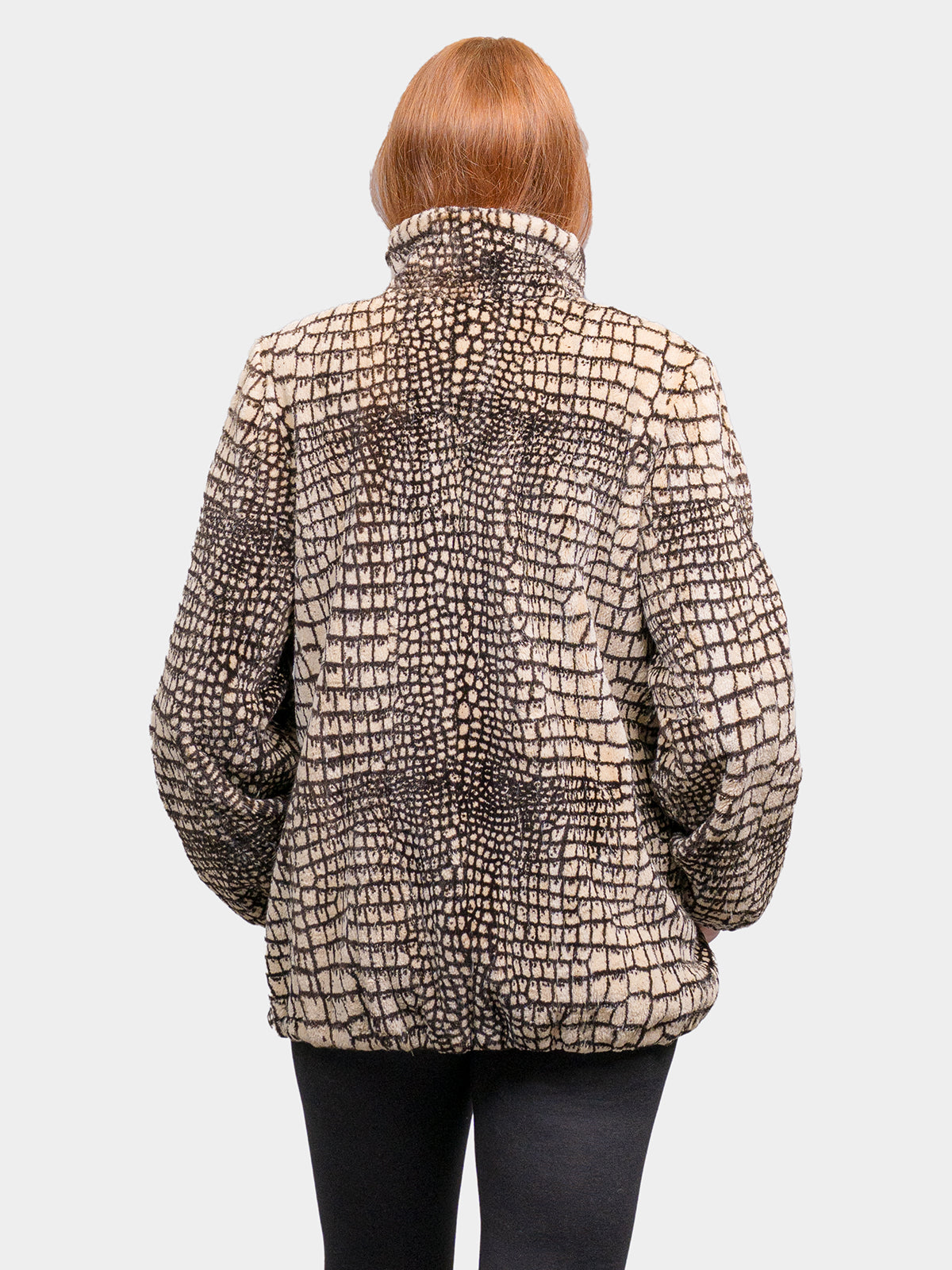 Women's Camel Animal Print Sheared Beaver Bomber