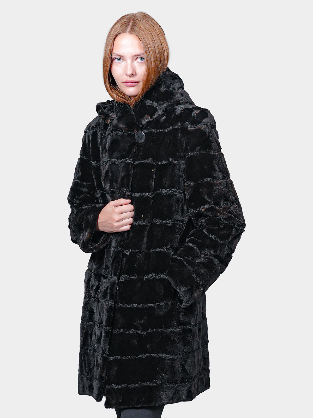 Women's Black Sheared Mink Parka with Karakul Inserts