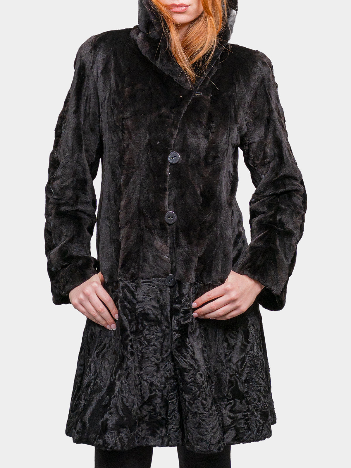 Women's Black Sculptured Sheared Mink and Karakul Stroller