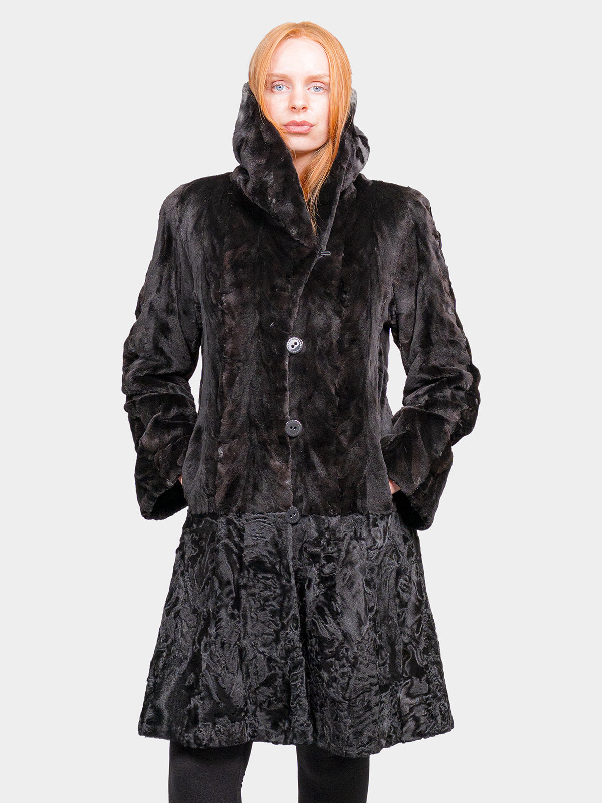 Women's Black Sculptured Sheared Mink and Karakul Stroller