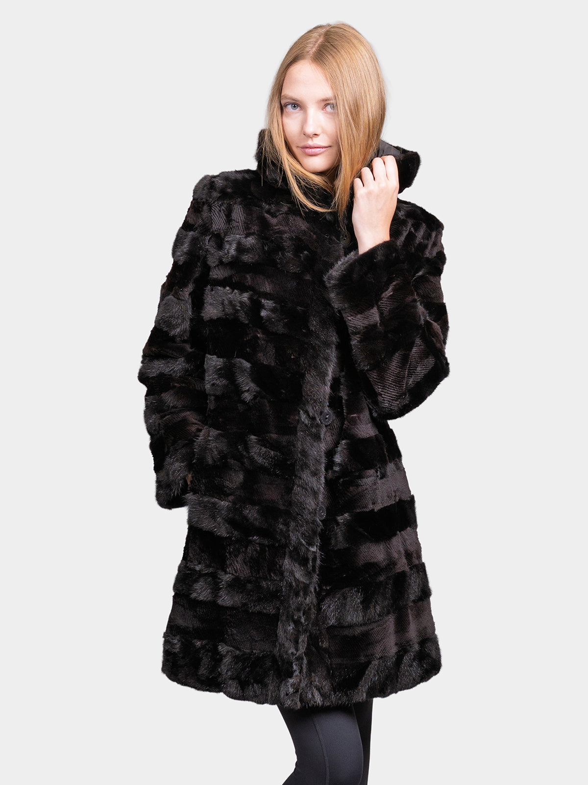 Women's Black Sculptured Sheared Mink Parka