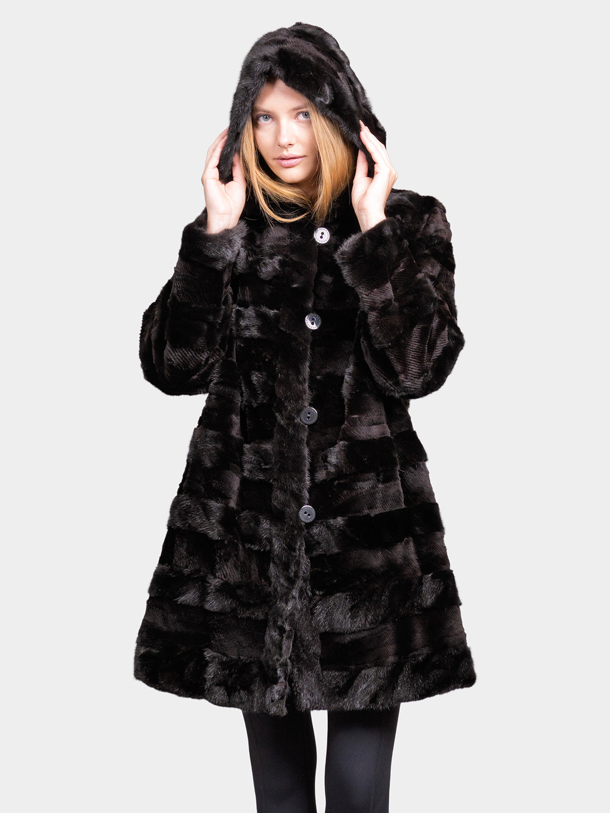 Women's Black Sculptured Sheared Mink Parka