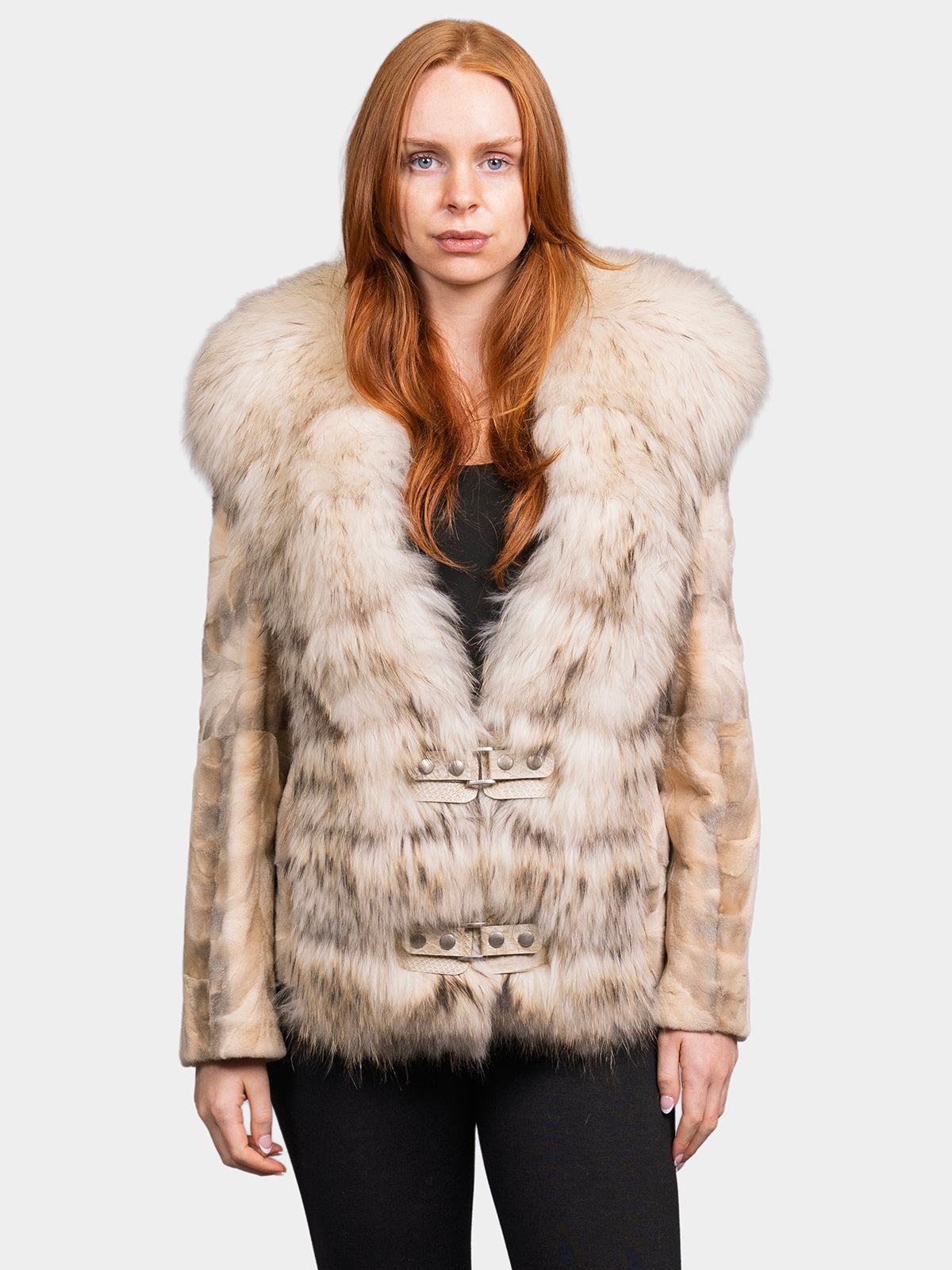 Women's Soft Iris Sheared Mink Jacket with Raccoon Trim