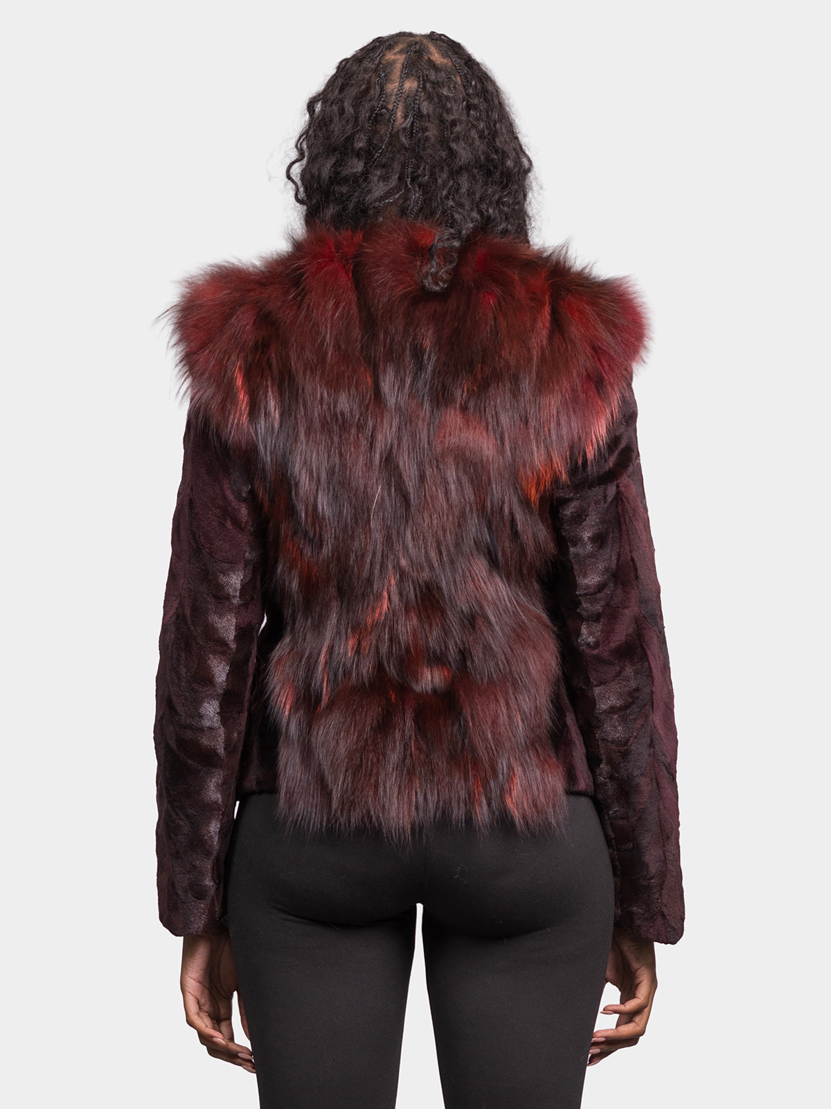 Women's Wine Sculptured Sheared Mink Jacket with Porto Fox Sections