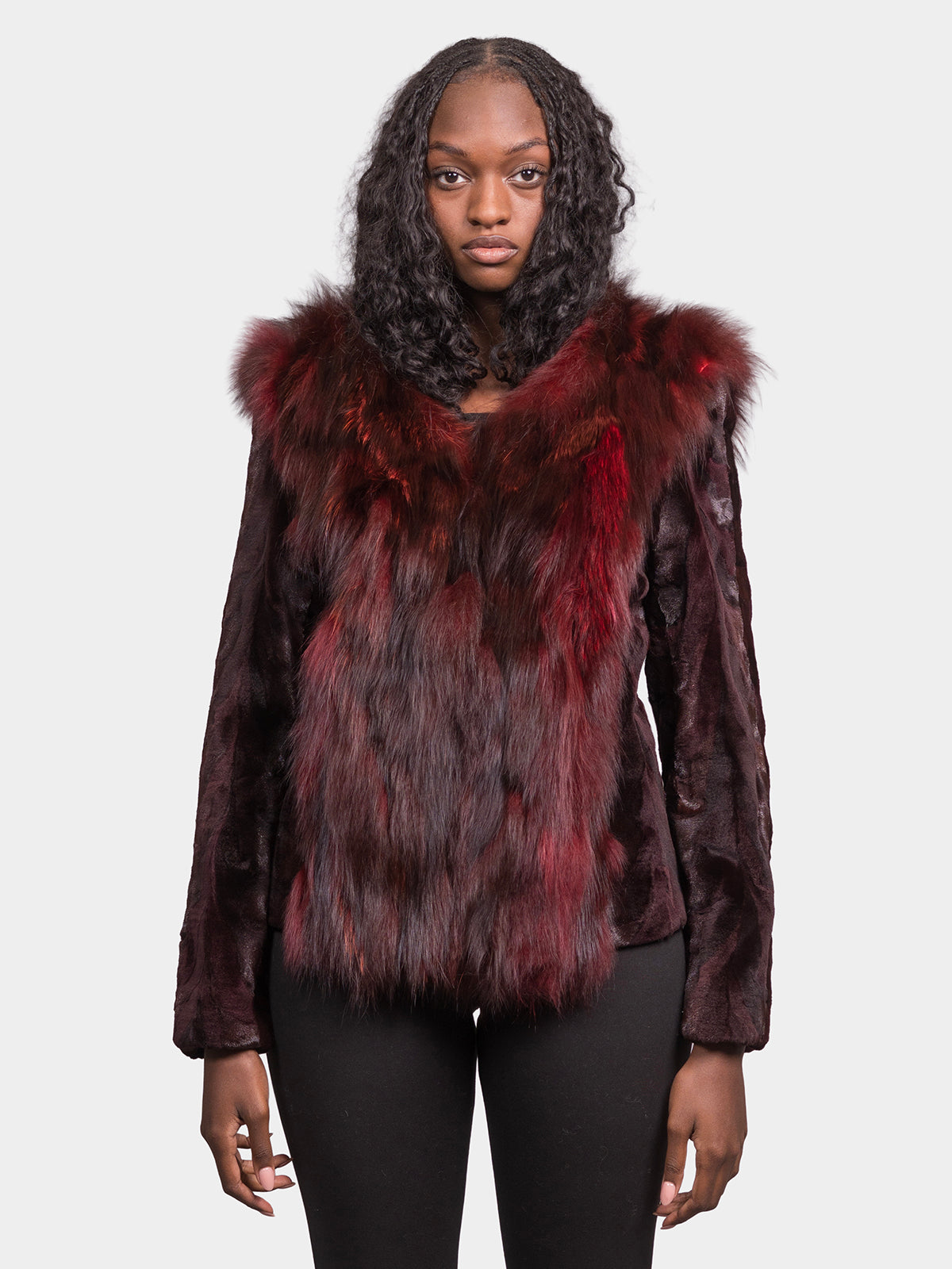 Women's Wine Sculptured Sheared Mink Jacket with Porto Fox Sections