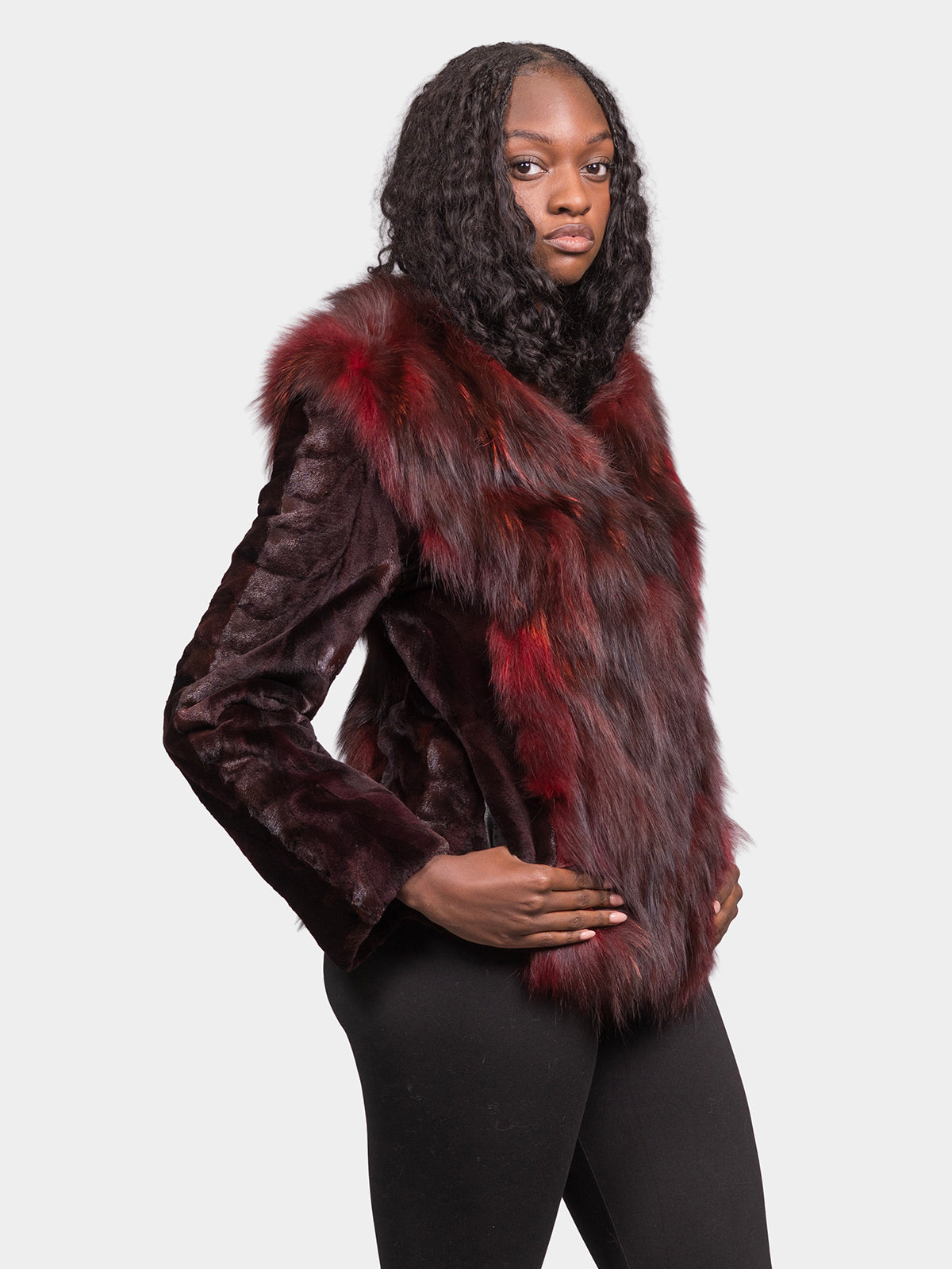 Women's Wine Sculptured Sheared Mink Jacket with Porto Fox Sections