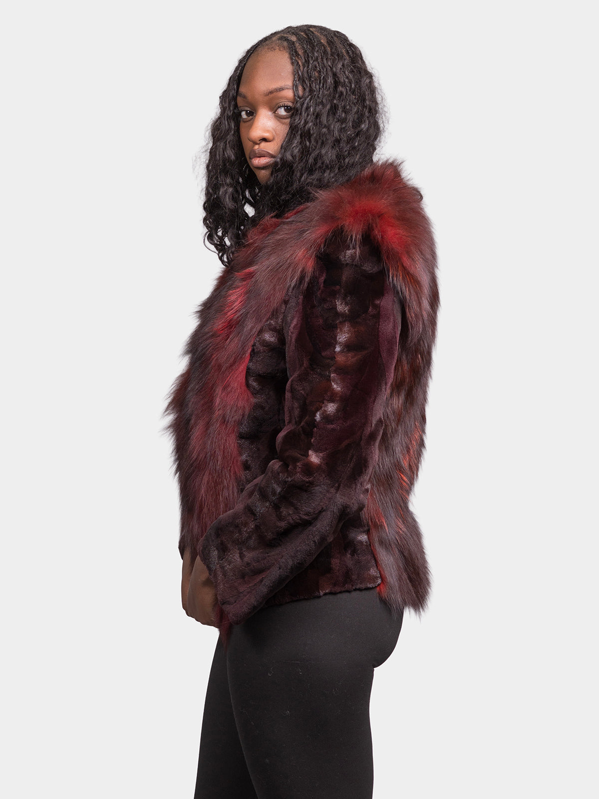 Women's Wine Sculptured Sheared Mink Jacket with Porto Fox Sections