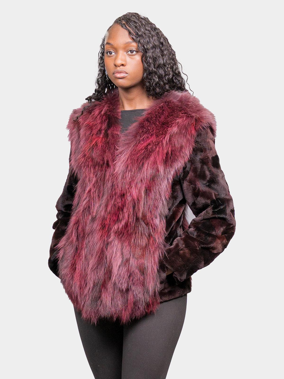 Women's Wine Sculptured Sheared Mink Jacket