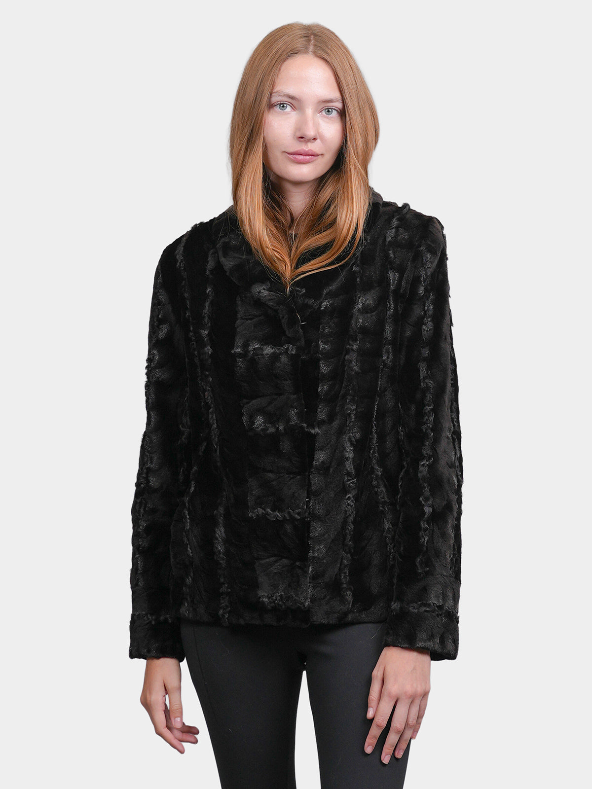 Women's Black Sculptured Sheared Mink Jacket with Karakul Inserts