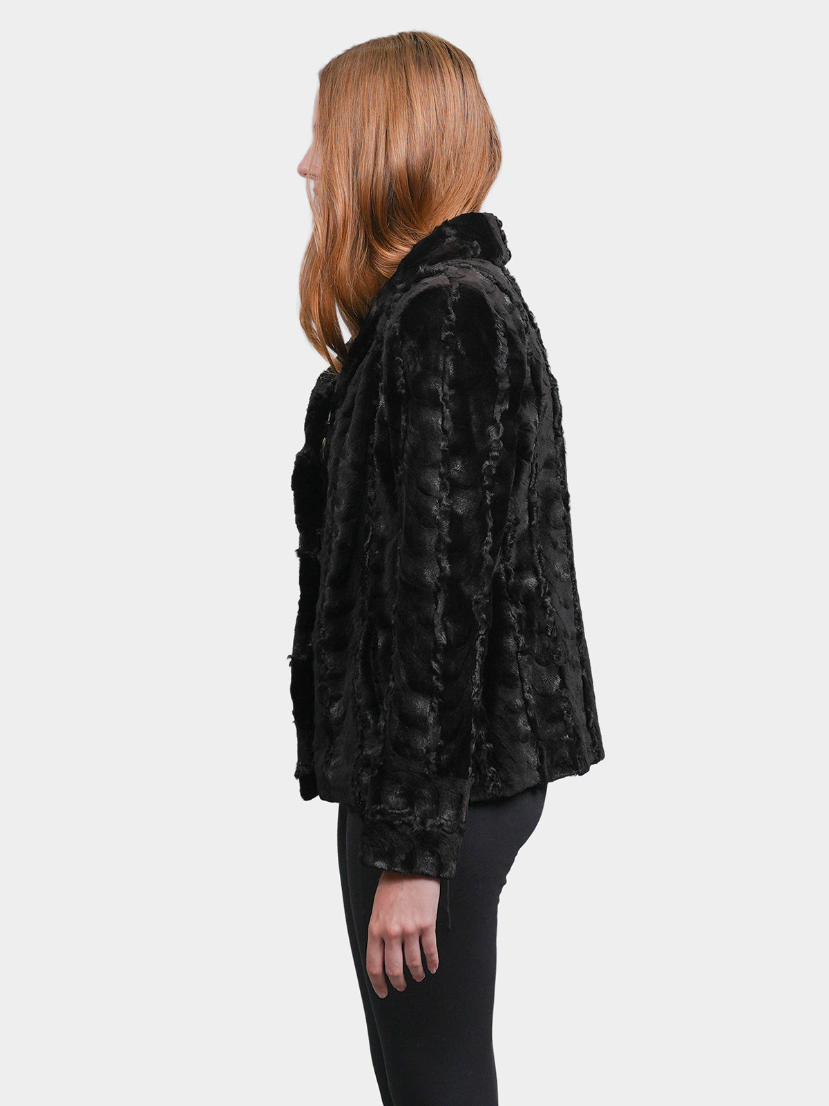 Women's Black Sculptured Sheared Mink Jacket with Karakul Inserts
