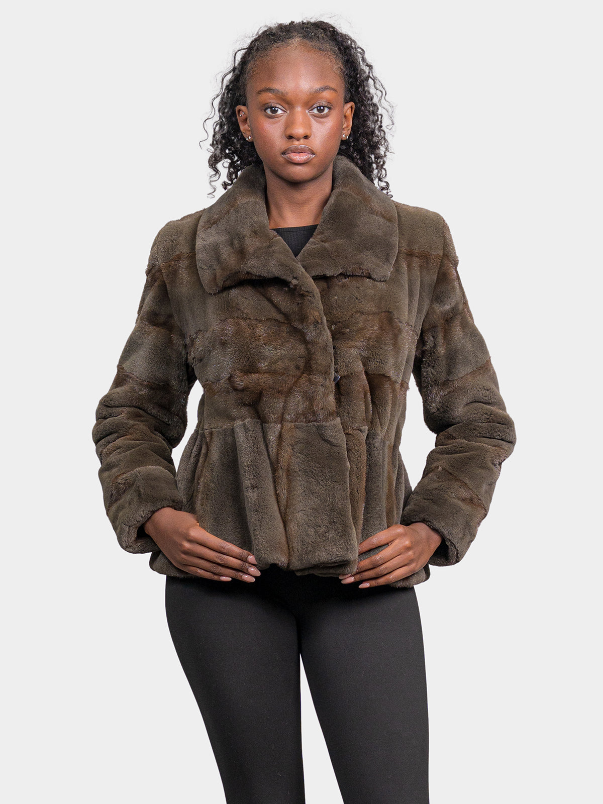 Women's Army Green Semi Sheared Mink Jacket