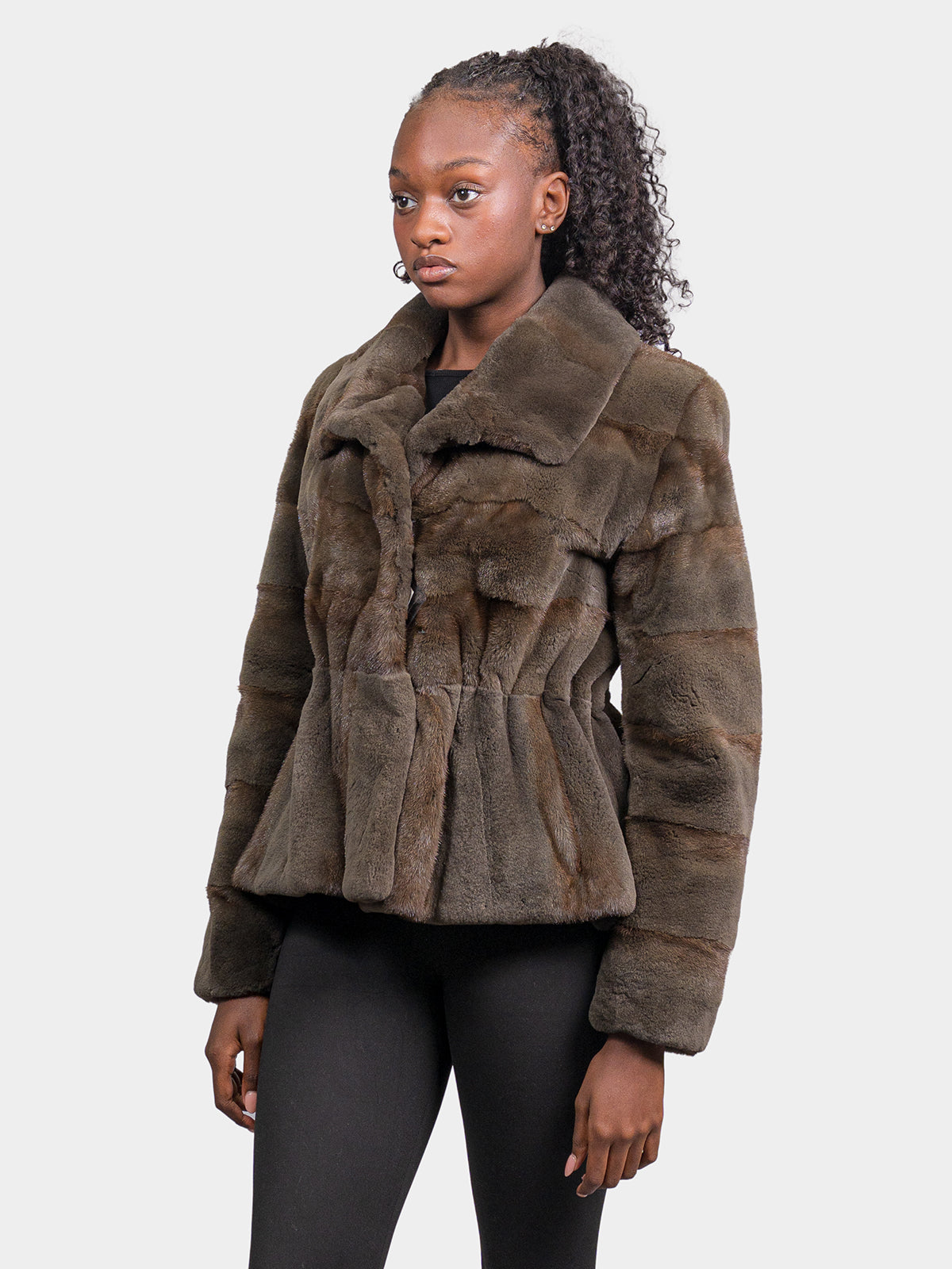 Women's Army Green Semi Sheared Mink Jacket