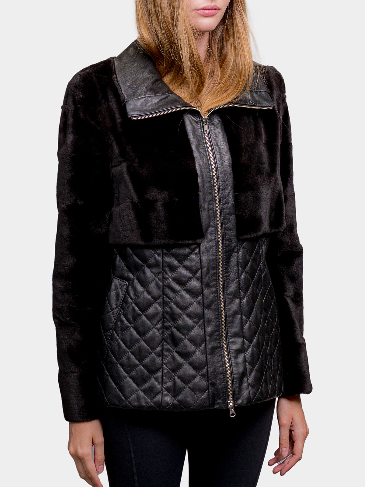 Women's Black Leather Sheared Weasel Jacket