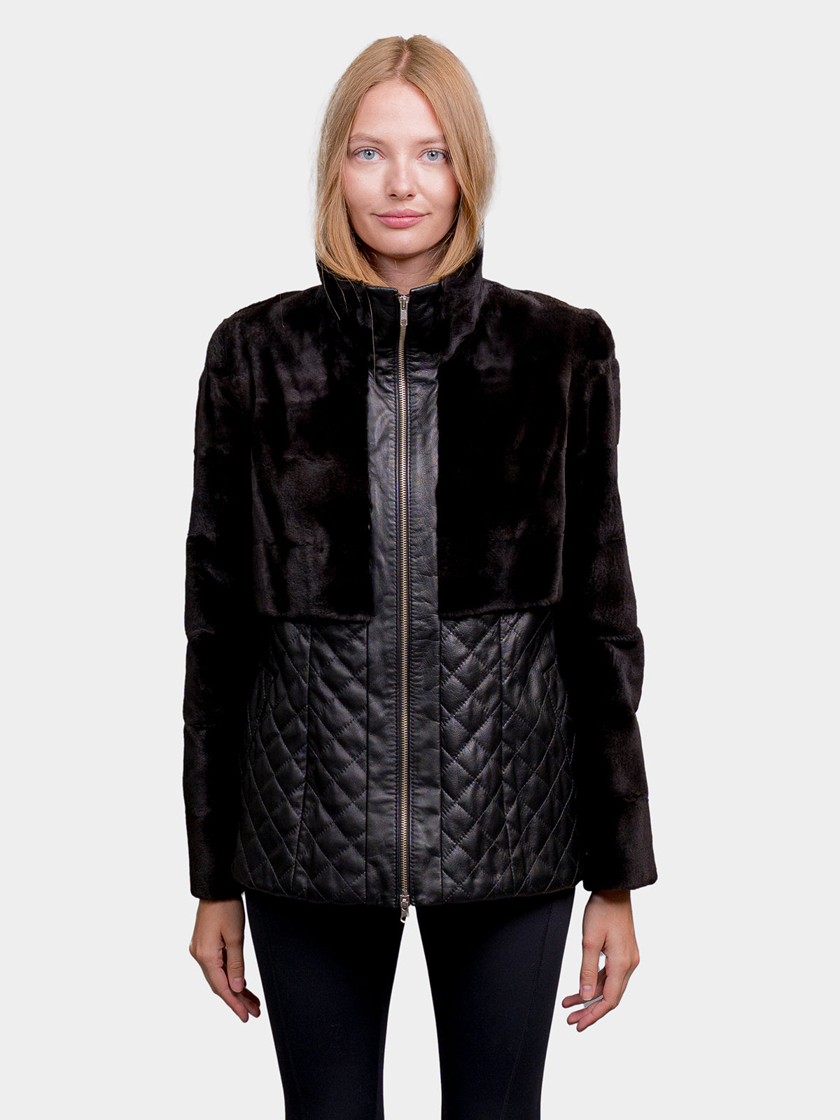 Women's Black Leather Sheared Weasel Jacket