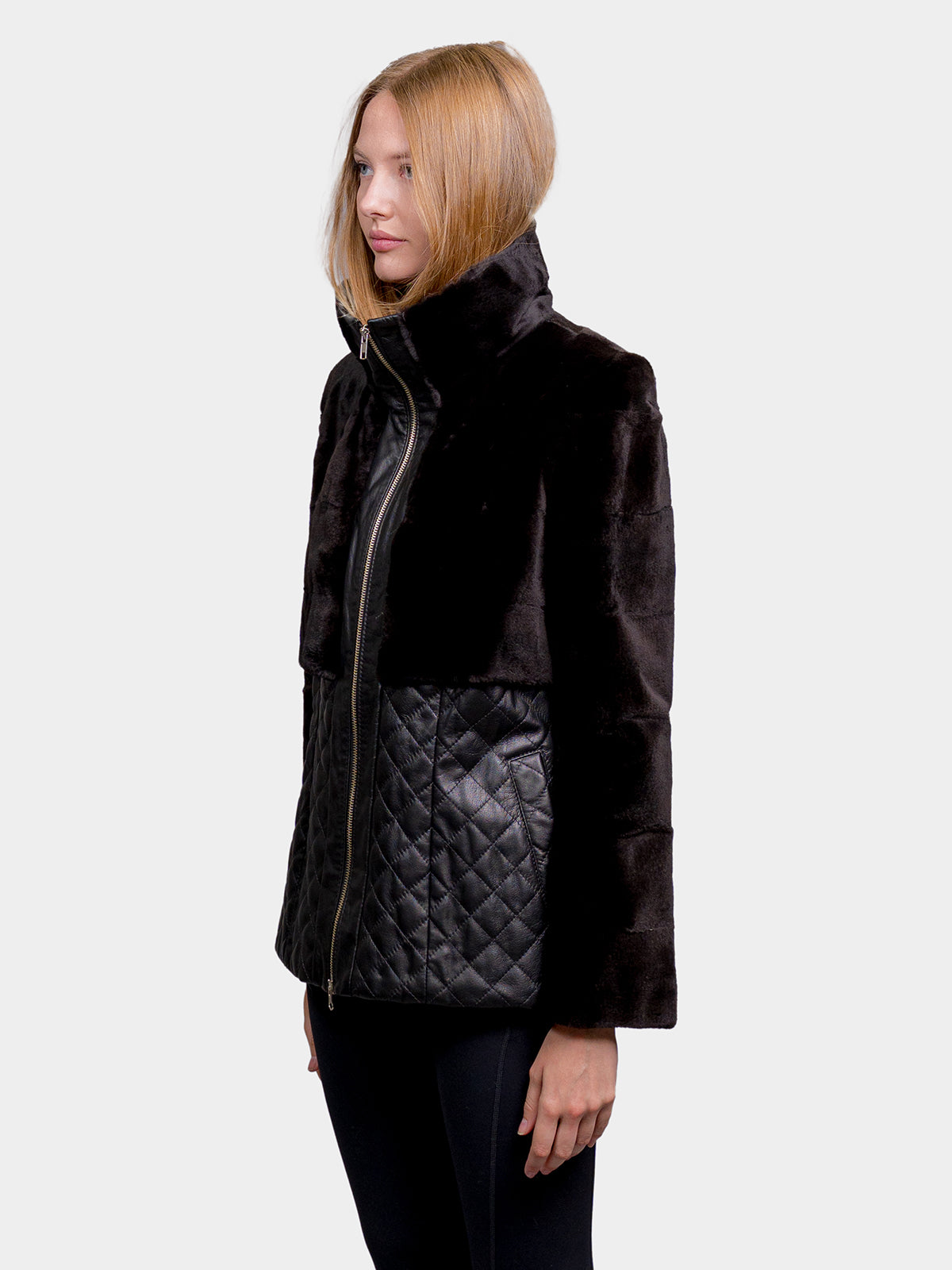 Women's Black Leather Sheared Weasel Jacket