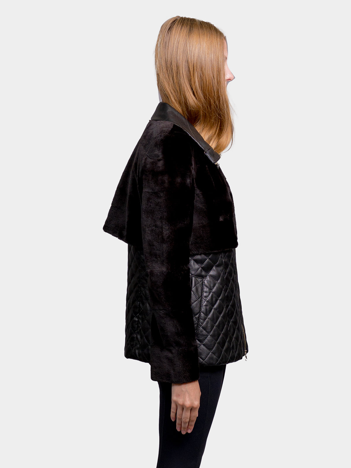 Women's Black Leather Sheared Weasel Jacket