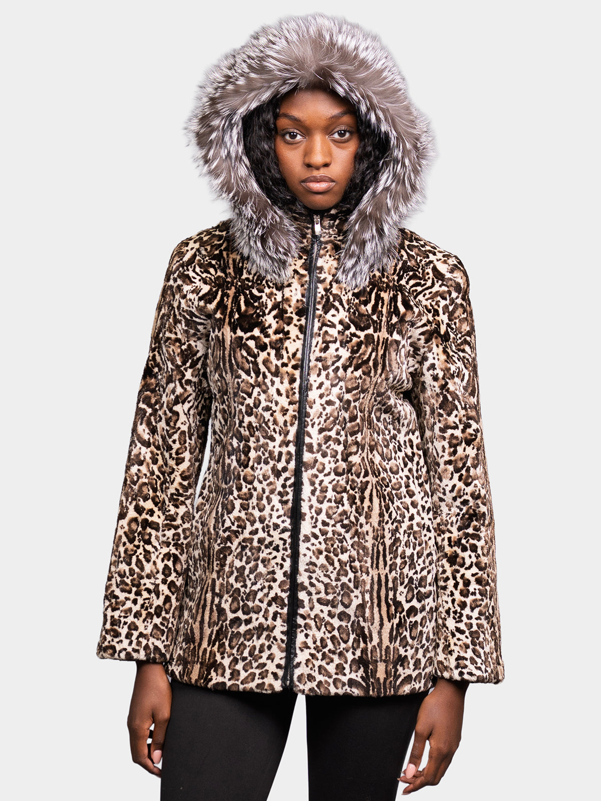 Women's Silver Leopard Print Beaver Parka