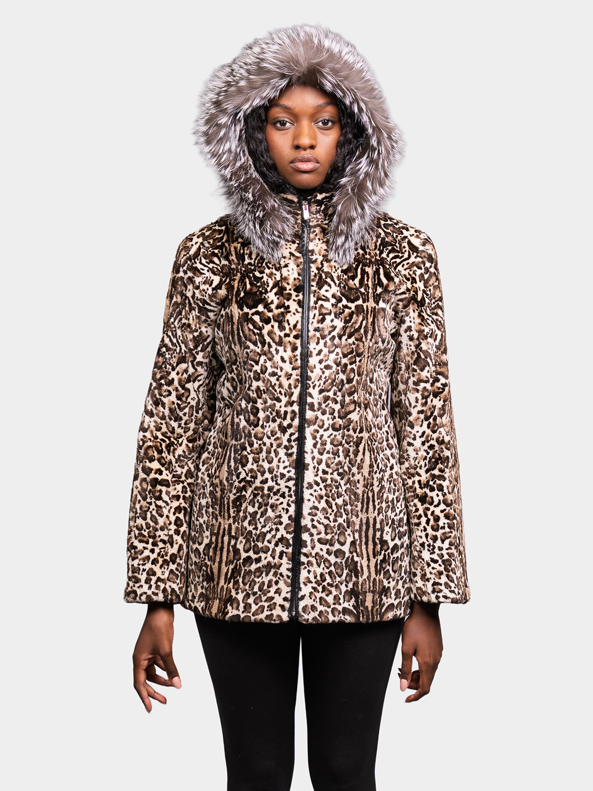 Women's Silver Leopard Print Beaver Parka