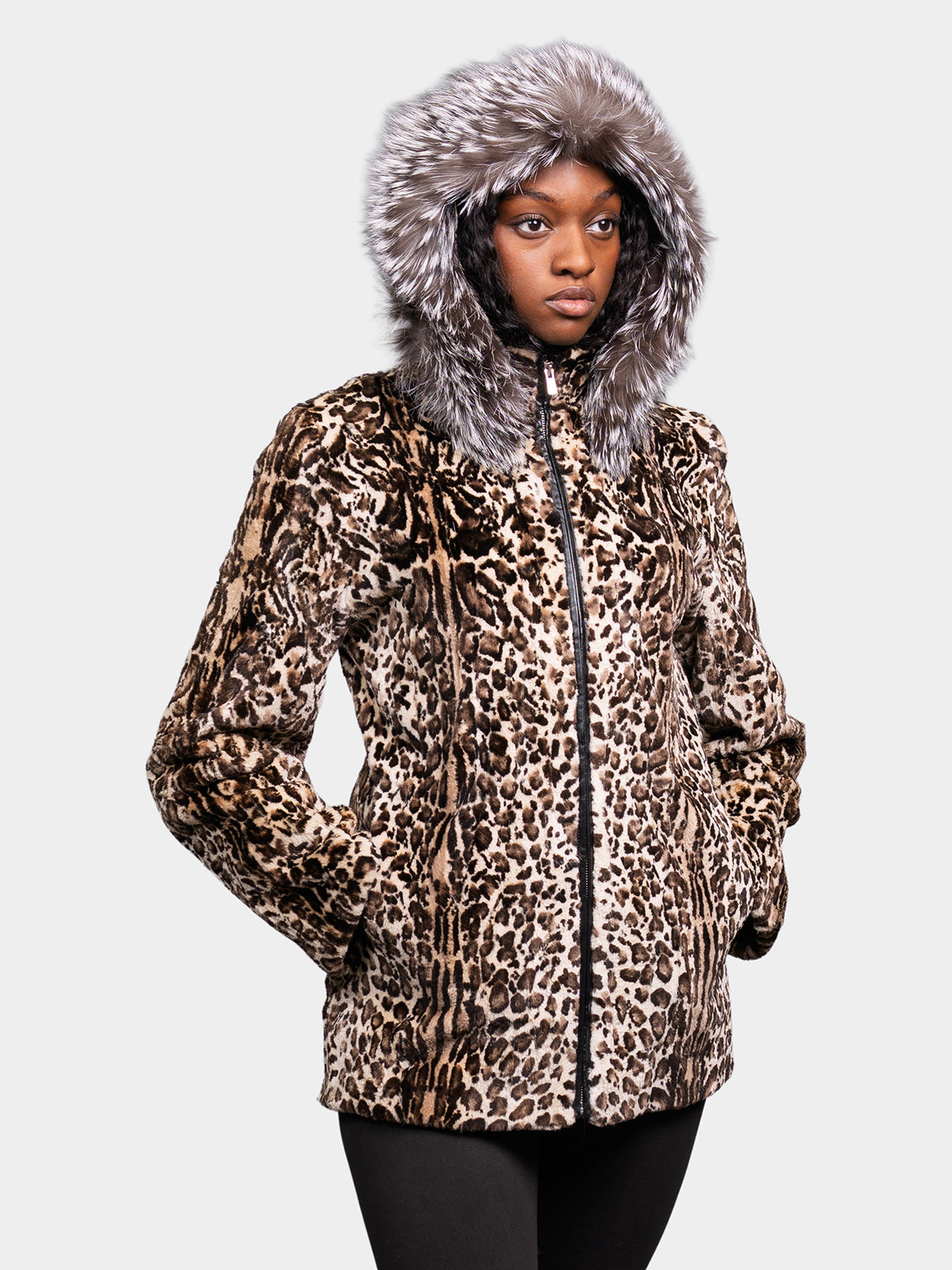 Women's Silver Leopard Print Beaver Parka