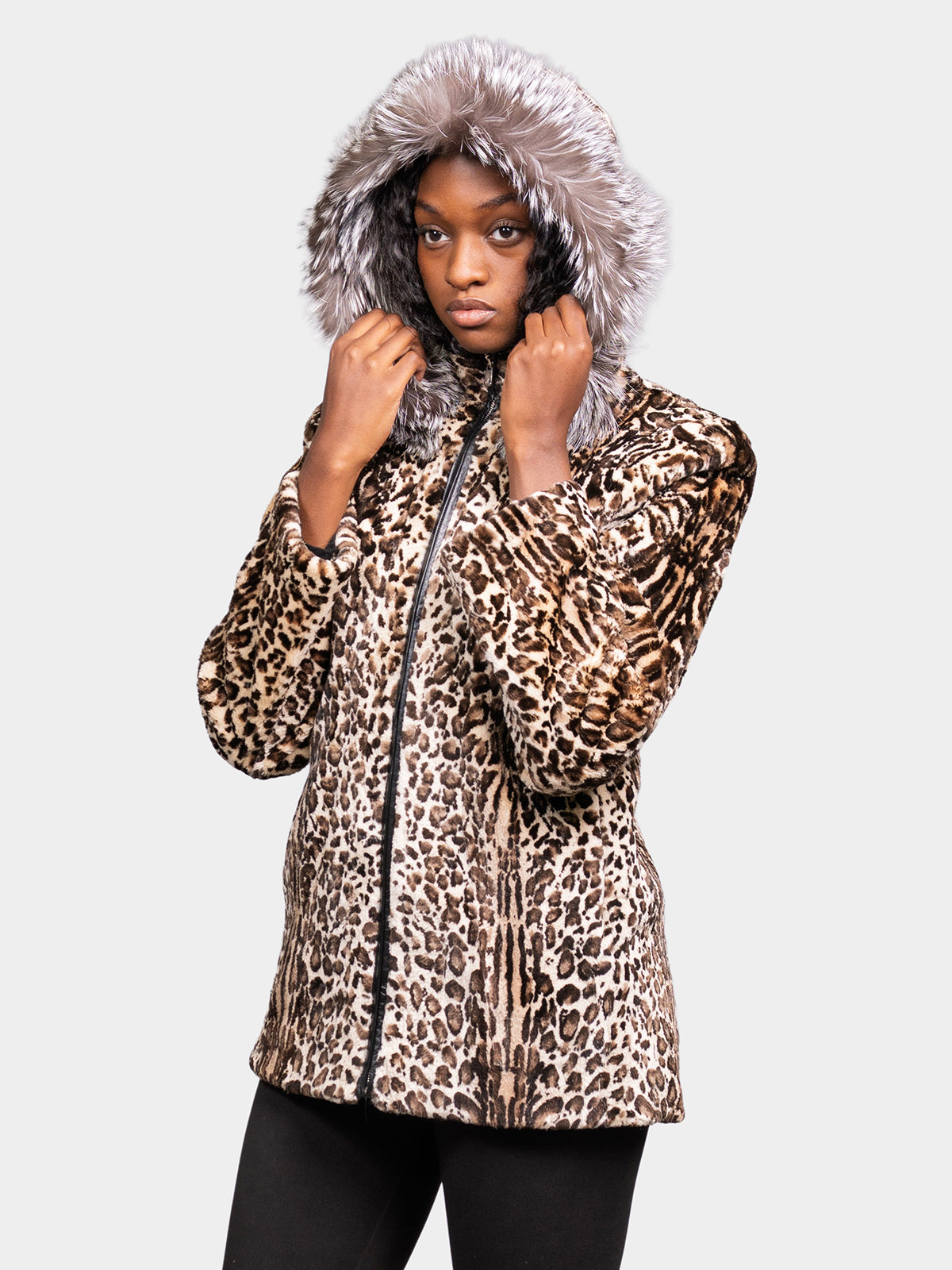 Women's Silver Leopard Print Beaver Parka