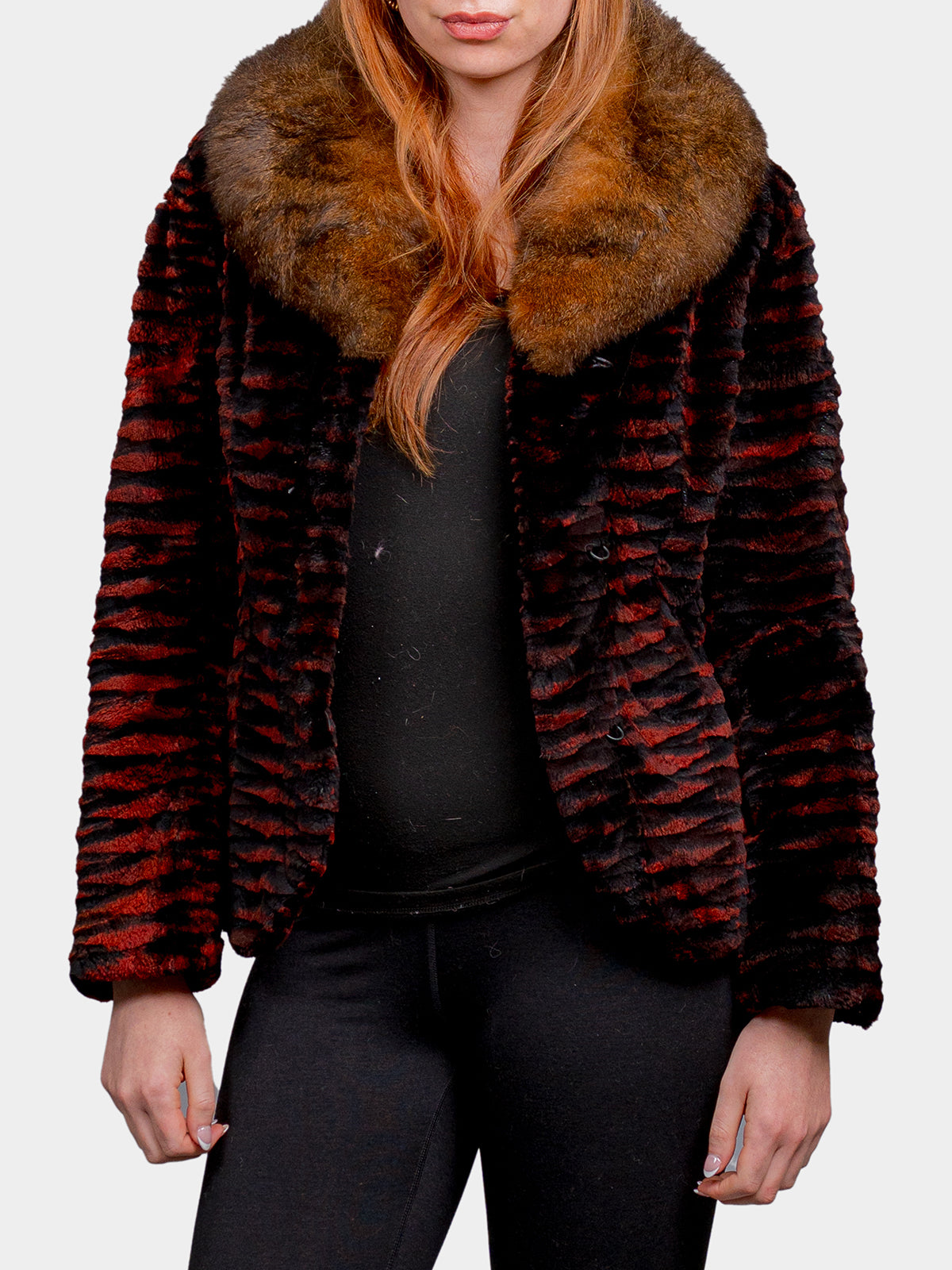 Women's Red & Black Sheared Beaver Sections Jacket