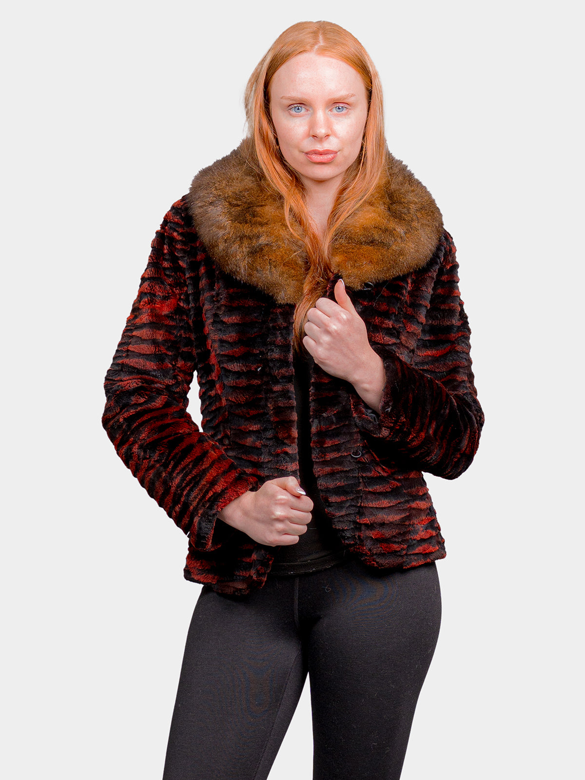 Women's Red & Black Sheared Beaver Sections Jacket