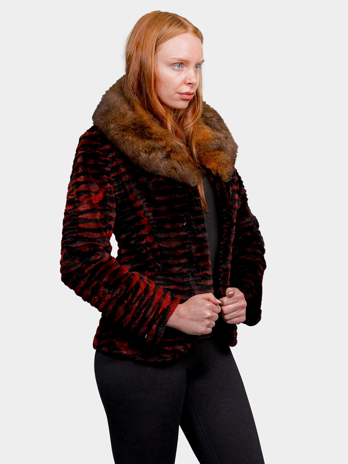 Women's Red & Black Sheared Beaver Sections Jacket